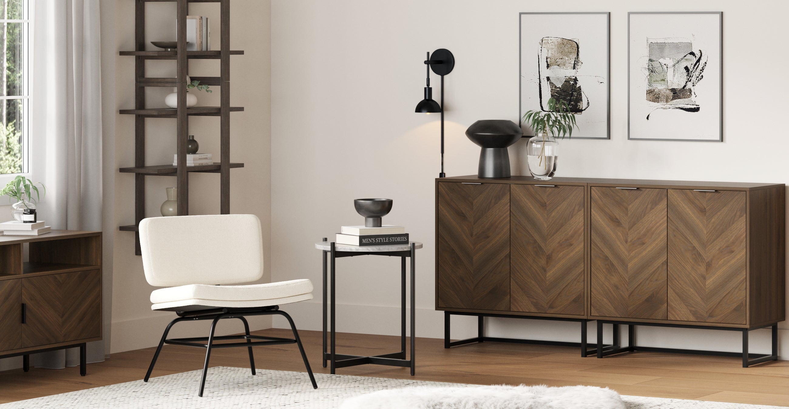 Modern living room with wood furniture, a white cushioned chair, side table with decor, abstract art on the wall, a tall bookshelf, and soft natural light from a window. Neutral tones create a cozy, minimalist atmosphere.