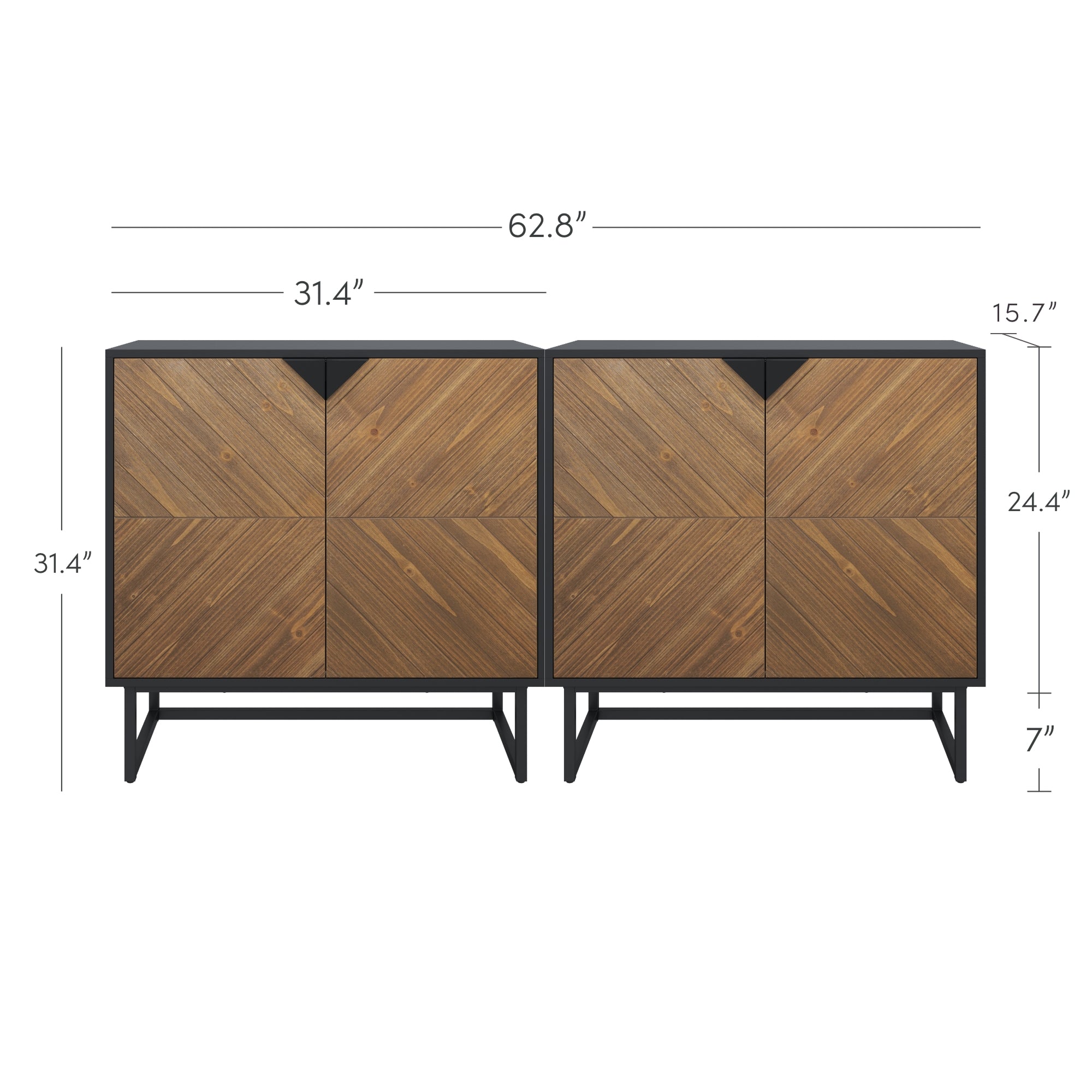 A sideboard with two sections featuring wood veneer doors in a herringbone pattern, black frame and legs, and dimensions labeled: 62.8 wide, 31.4 high, 15.7 deep, and legs 7 tall.