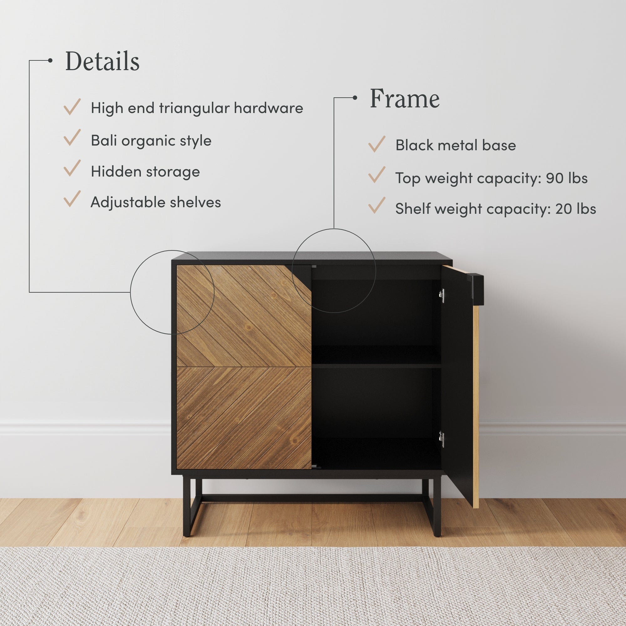 A modern wooden cabinet with two doors—one in a herringbone pattern and one plain—sits on a black metal base. Text highlights features: stylish hardware, Bali style, hidden storage, adjustable shelves, and weight capacities.