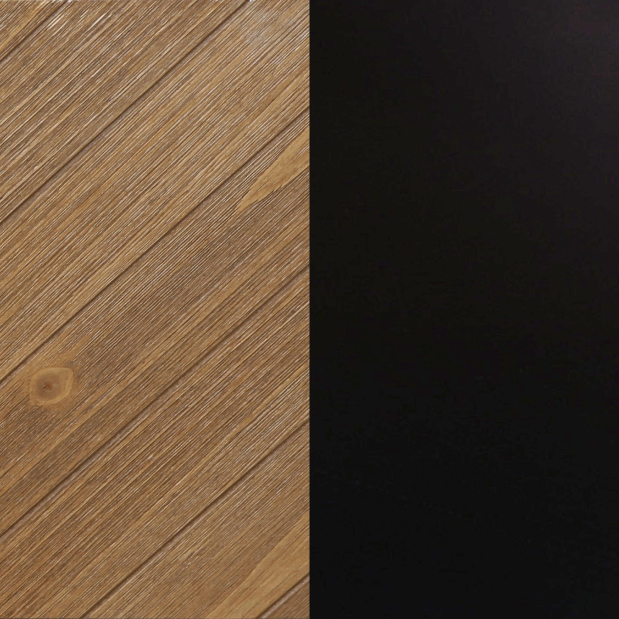 A split image showing a textured wooden surface with diagonal lines on the left and a smooth, solid black surface on the right.