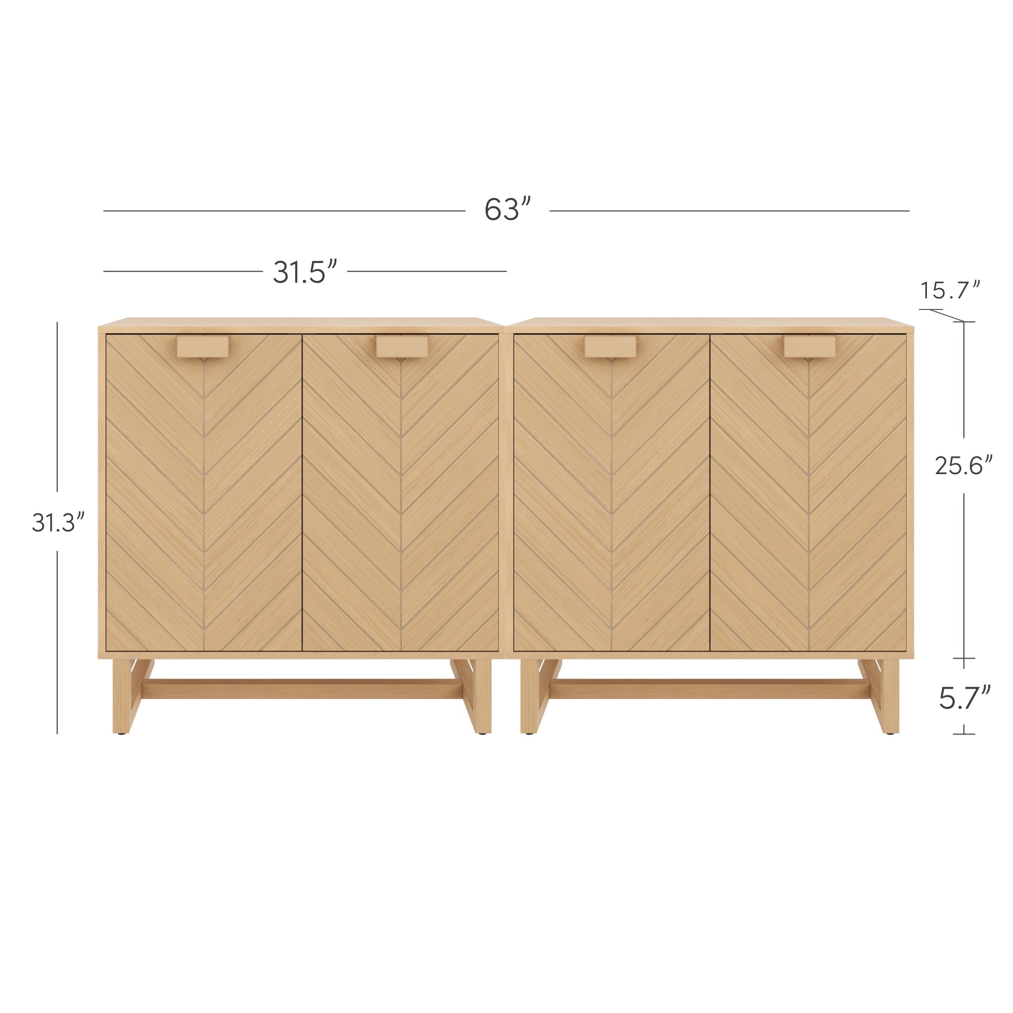 Light wood cabinet with chevron-patterned double doors and square handles. The cabinet measures 63 wide, 31.3 tall, 15.7 deep, and sits on legs 5.7 high. Each cabinet section is 31.5 wide.