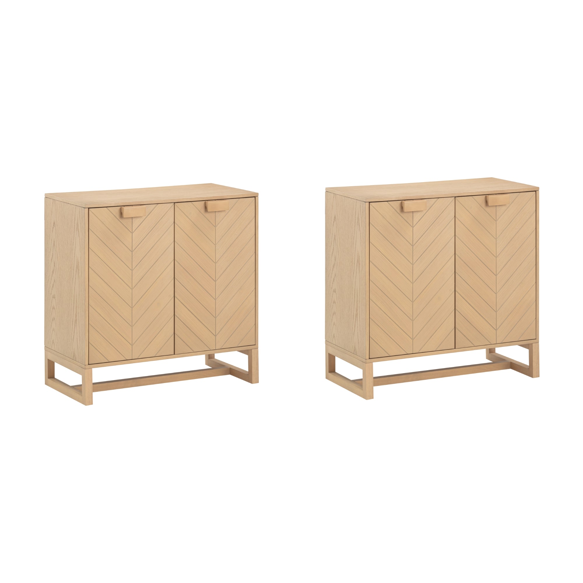 Two light wood cabinets with herringbone-patterned doors and rectangular handles, each standing on four short legs with an open base design, shown from slightly different angles.
