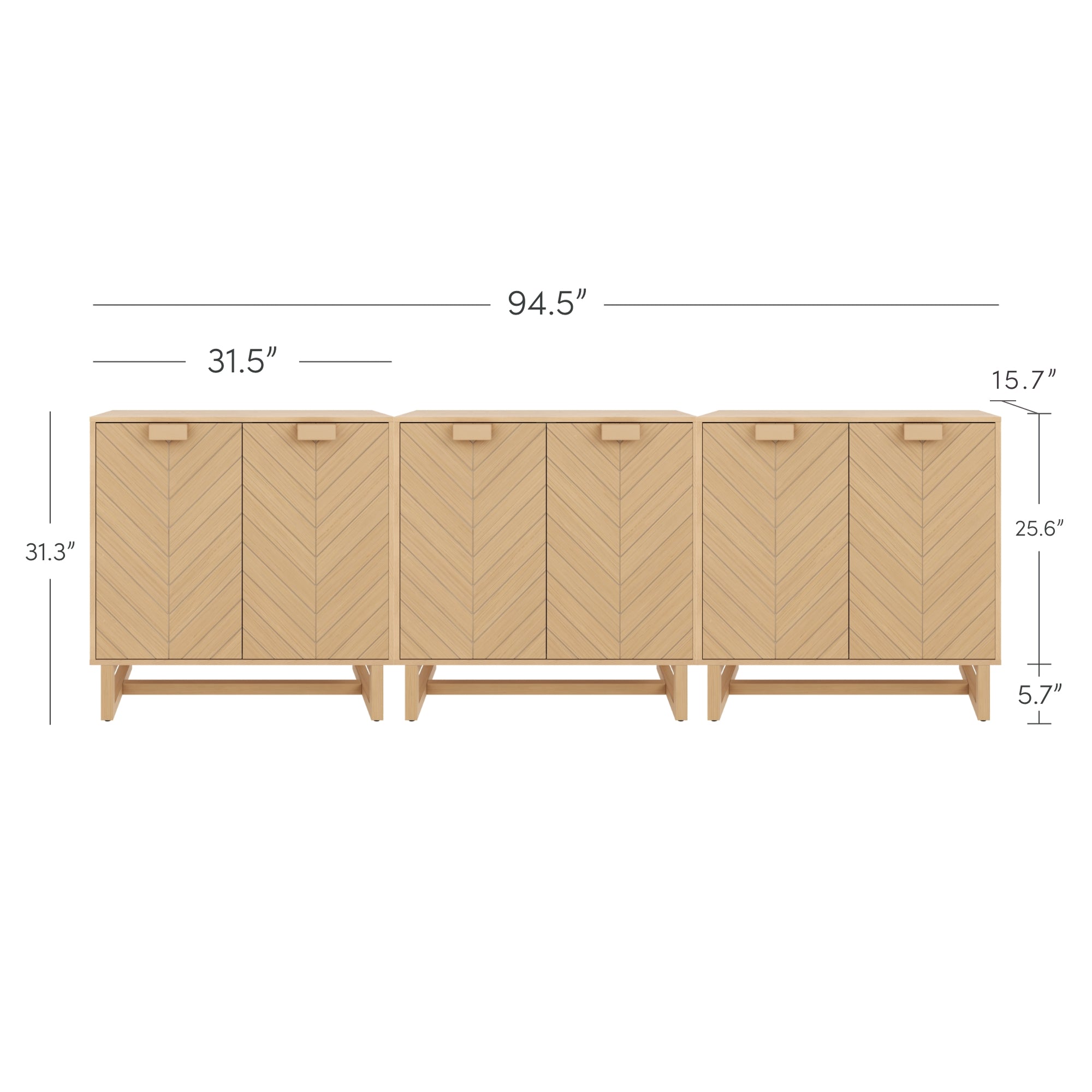 Four light wood cabinets with chevron-patterned doors are shown side by side. Dimensions are 94.5 wide, 31.3 high, 15.7 deep, and each cabinet is 31.5 wide with a 5.7 leg height.