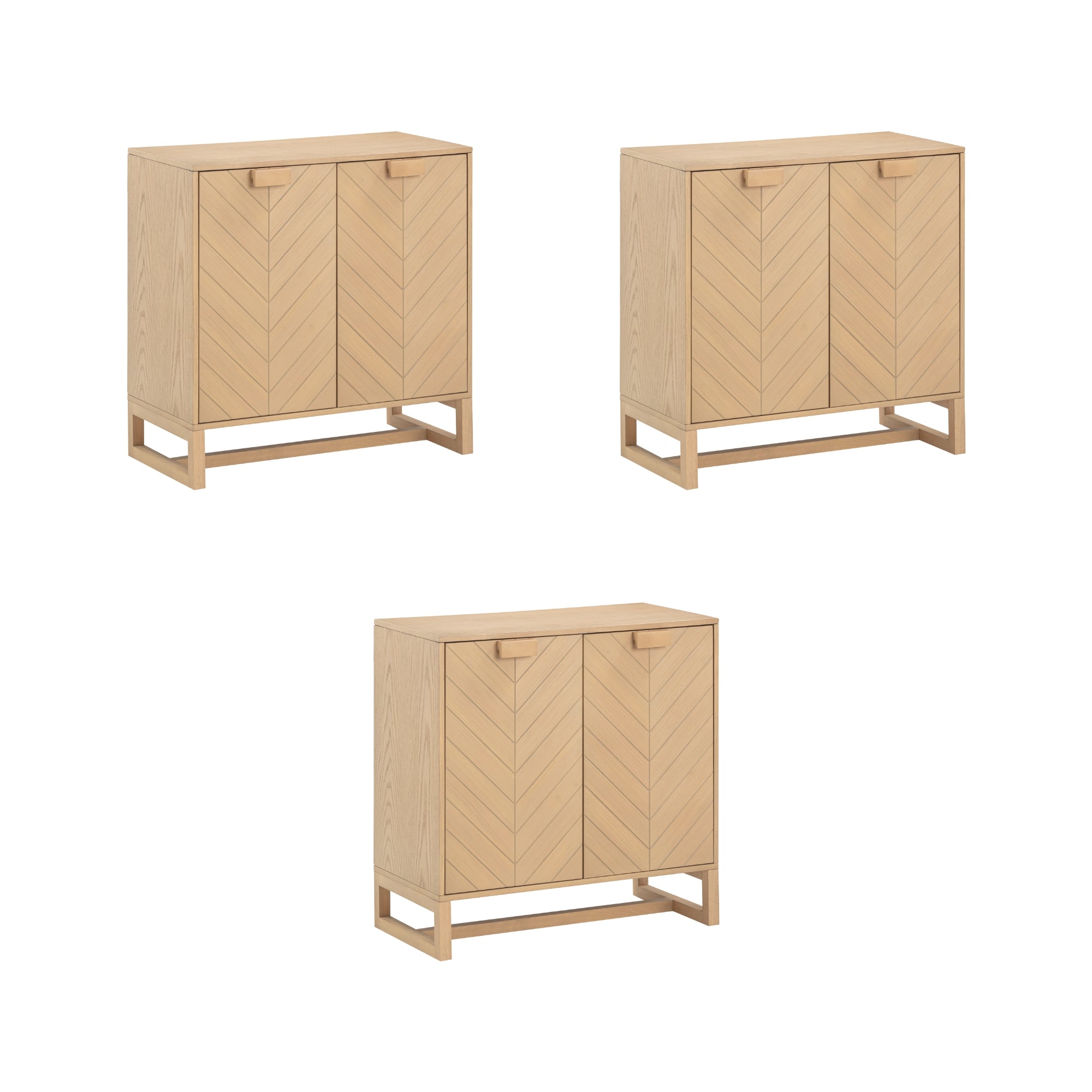 Three identical light wood cabinets with chevron-patterned doors and rectangular bases are shown against a white background, each photographed from a different angle.