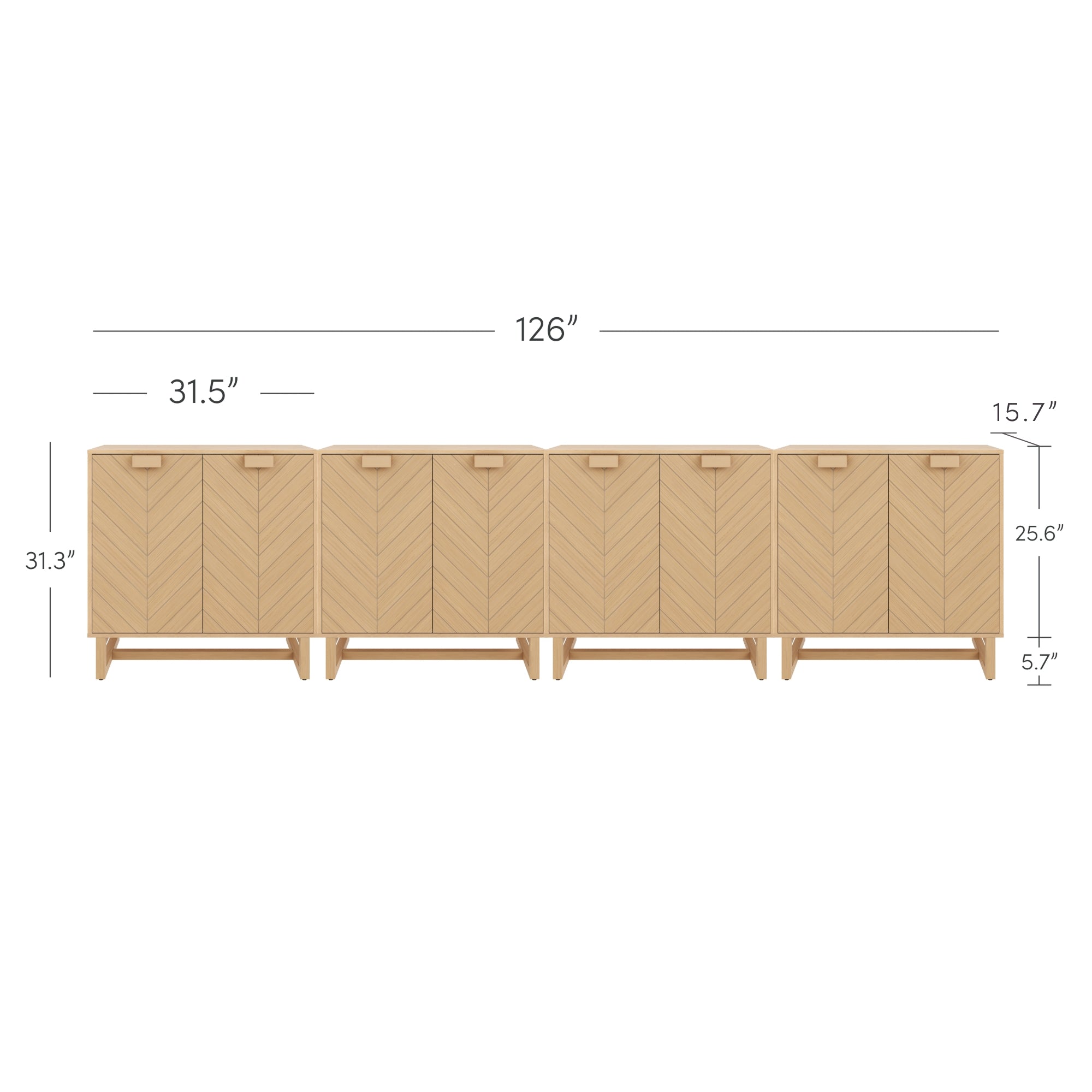 Five connected light wood cabinets with chevron-patterned doors, measuring 126 inches wide, each cabinet 31.5 inches wide and 31.3 inches tall. Additional dimensions: 15.7-inch depth, 25.6-inch door height, 5.7-inch leg height.