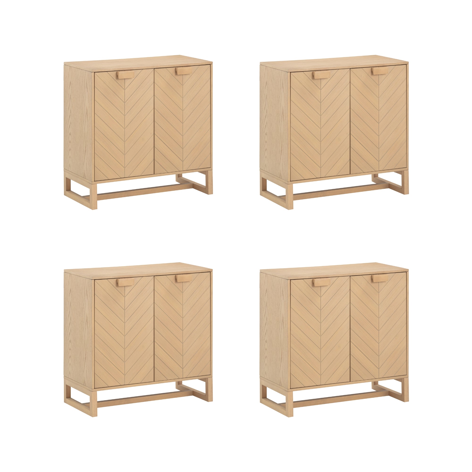 Four identical light wood cabinets with chevron-patterned doors and square bases, arranged in a 2x2 grid on a white background.