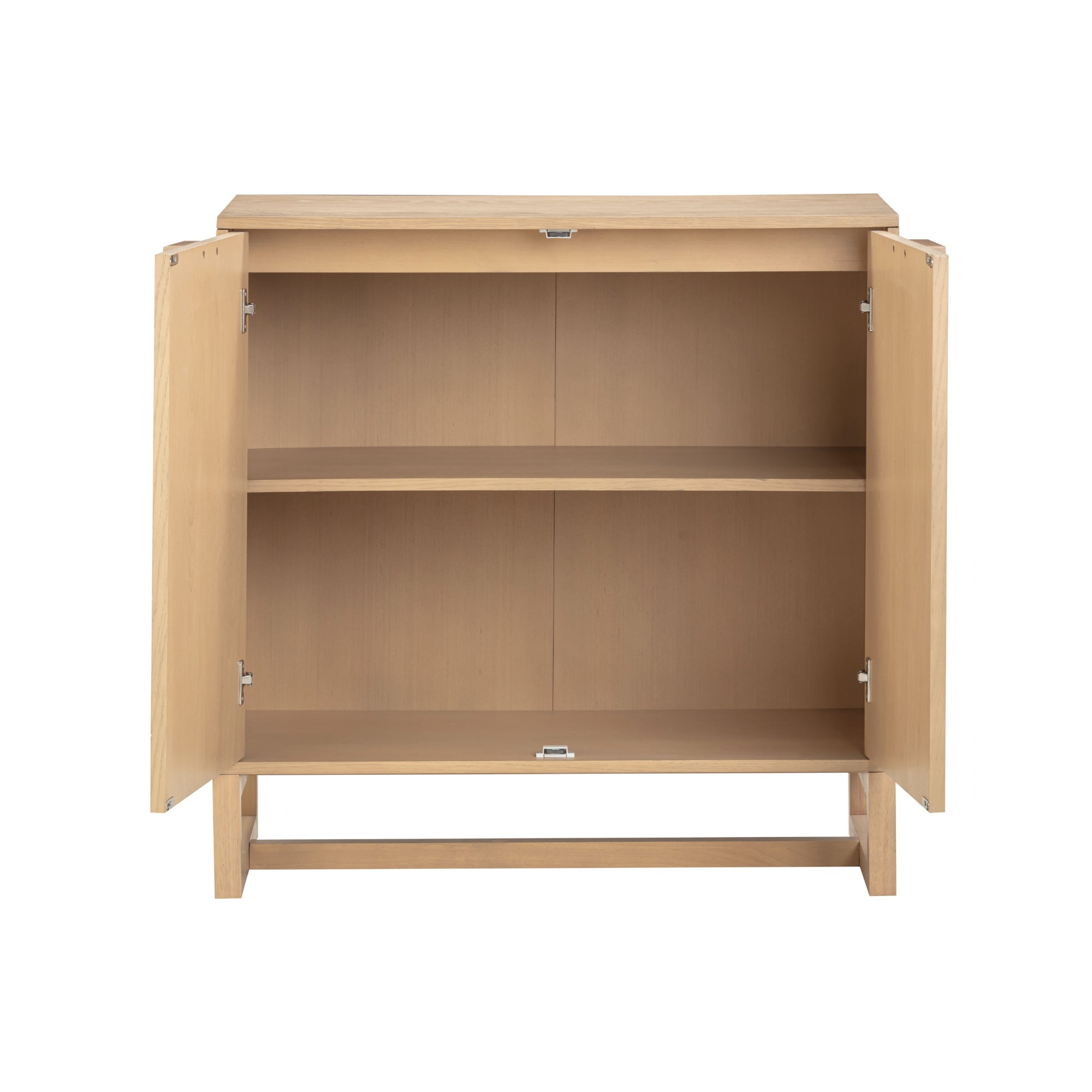 A light wood cabinet with two open doors, revealing an empty interior and a single shelf in the middle. The cabinet stands on simple legs and has a minimalist design.