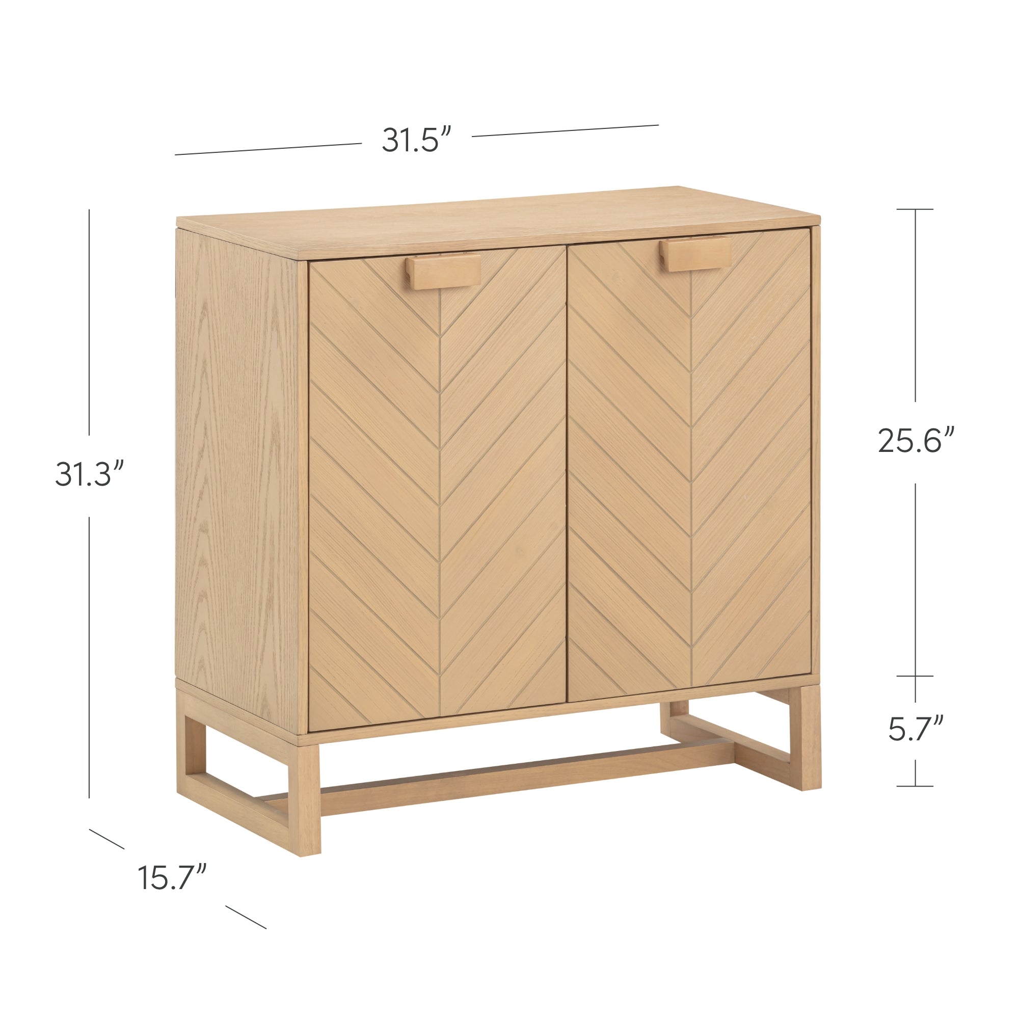 Light wood cabinet with chevron-patterned double doors, rectangular handles, and an open base. Measurements are 31.5 wide, 31.3 tall, 15.7 deep, with door height of 25.6 and base height of 5.7.