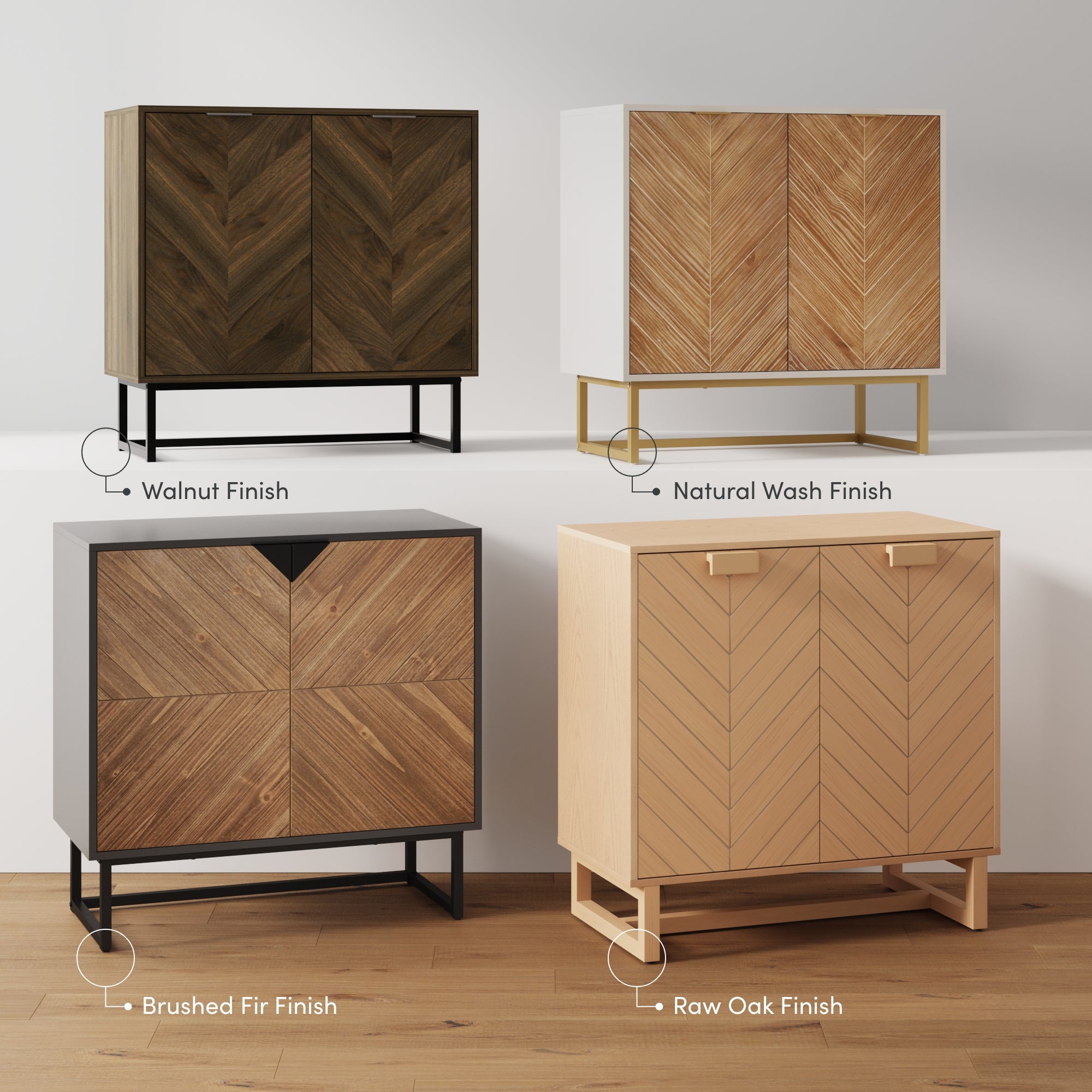 Four small cabinets are displayed, each with a unique wood finish: Walnut (dark brown), Natural Wash (light beige), Brushed Fir (medium brown with black frame), and Raw Oak (pale wood with geometric pattern).