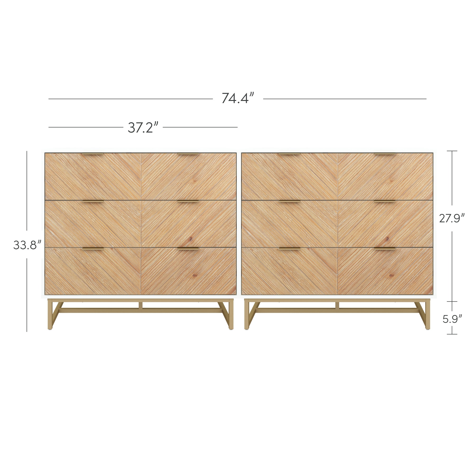 Two light wood dressers side by side with gold bases, each with three drawers. Combined width is 74.4 inches, individual width is 37.2 inches, height is 33.8 inches, depth is 27.9 inches, and base height is 5.9 inches.