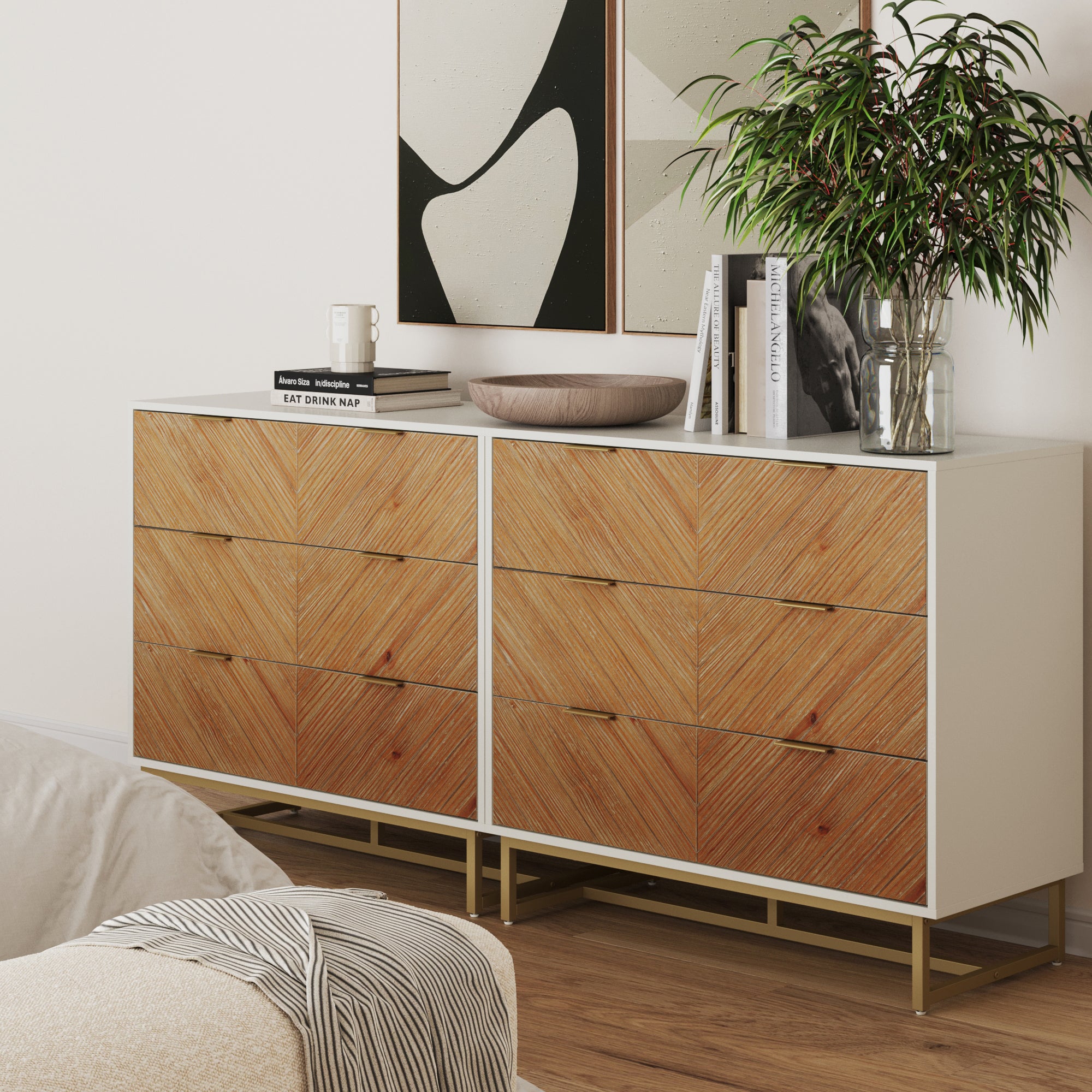 Boho Herringbone 3-Drawer Dresser White (Set of 2)