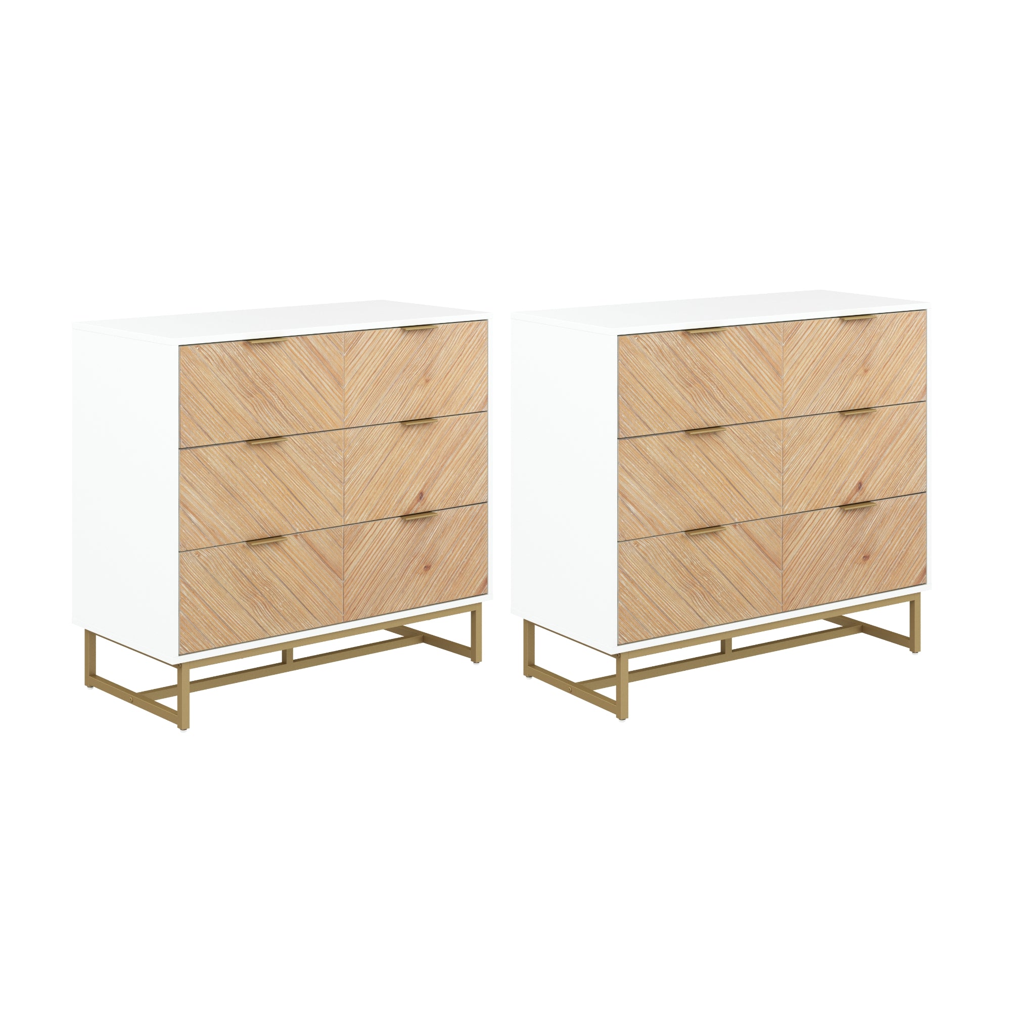 A pair of modern three-drawer dressers with white frames, light wood fronts arranged in a chevron pattern, and gold metal bases on a white background.
