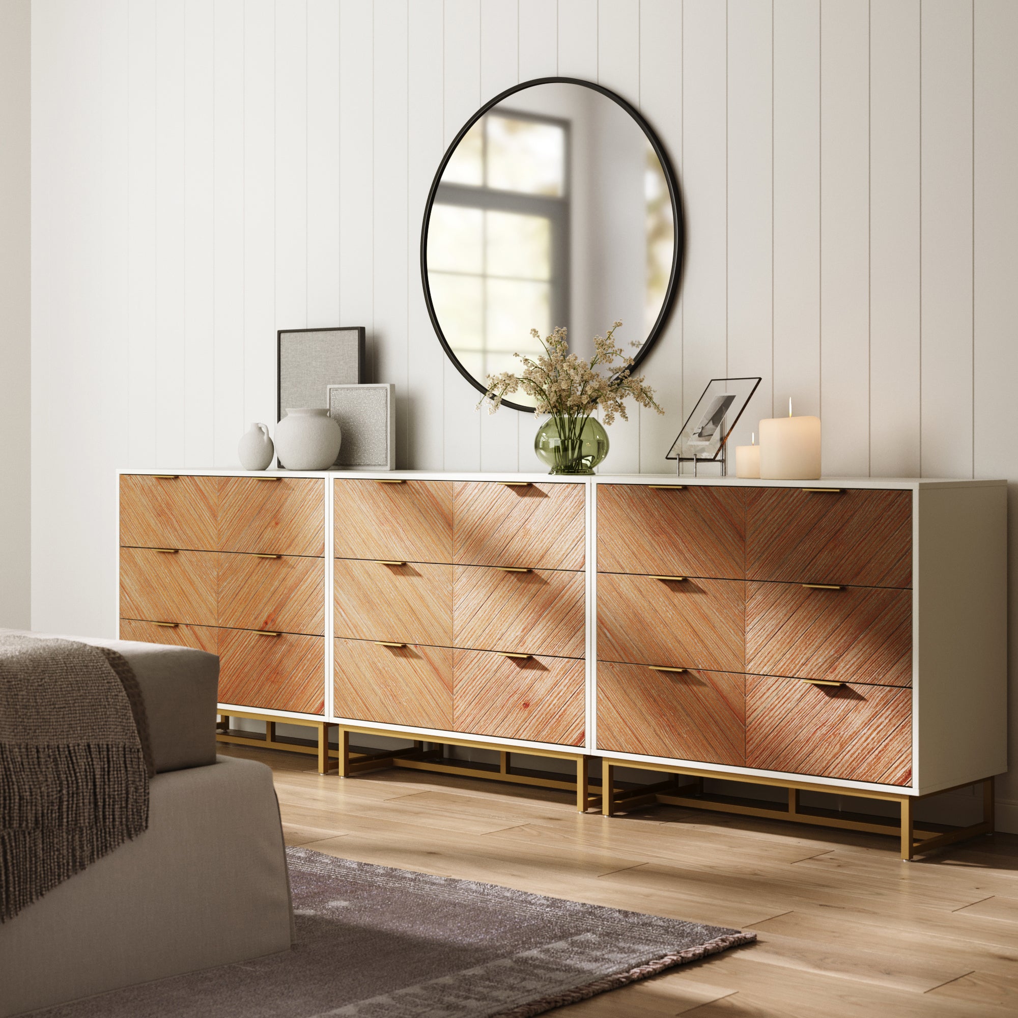 Boho Herringbone 3-Drawer Dresser White (Set of 3)