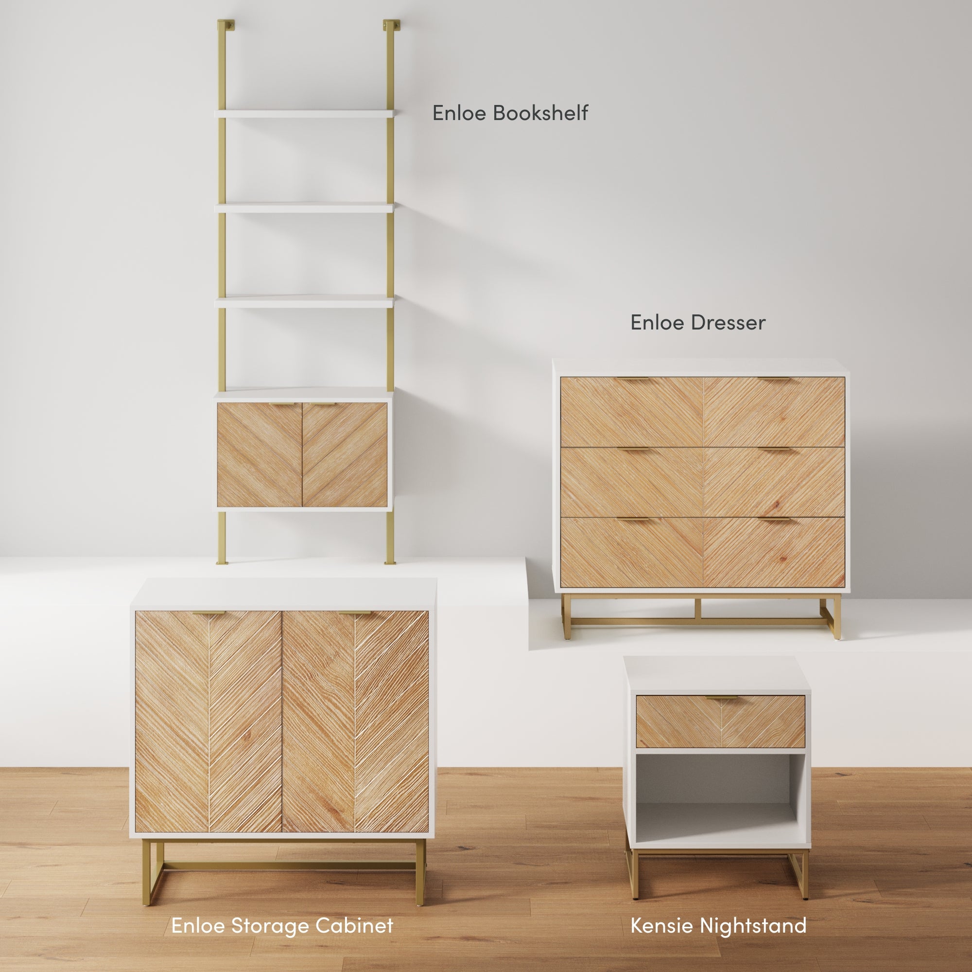 Four modern furniture pieces with light wood and white finishes are displayed: a tall bookshelf, a three-drawer dresser, a storage cabinet with two doors, and a small nightstand, all on a wood floor. Labels identify each piece.