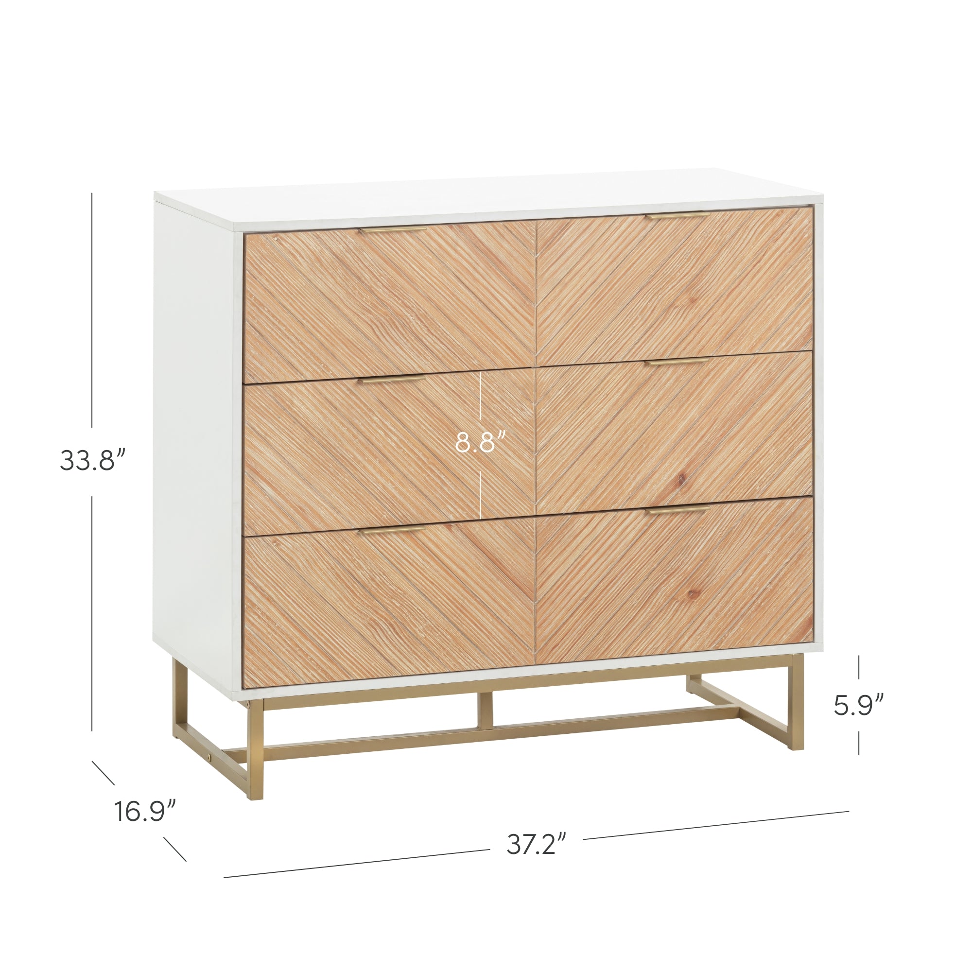 A modern dresser with three drawers featuring a light wood chevron pattern, white frame, and gold metal base. Dimensions are labeled: 33.8 tall, 37.2 wide, 16.9 deep, drawer height 8.8, base height 5.9.