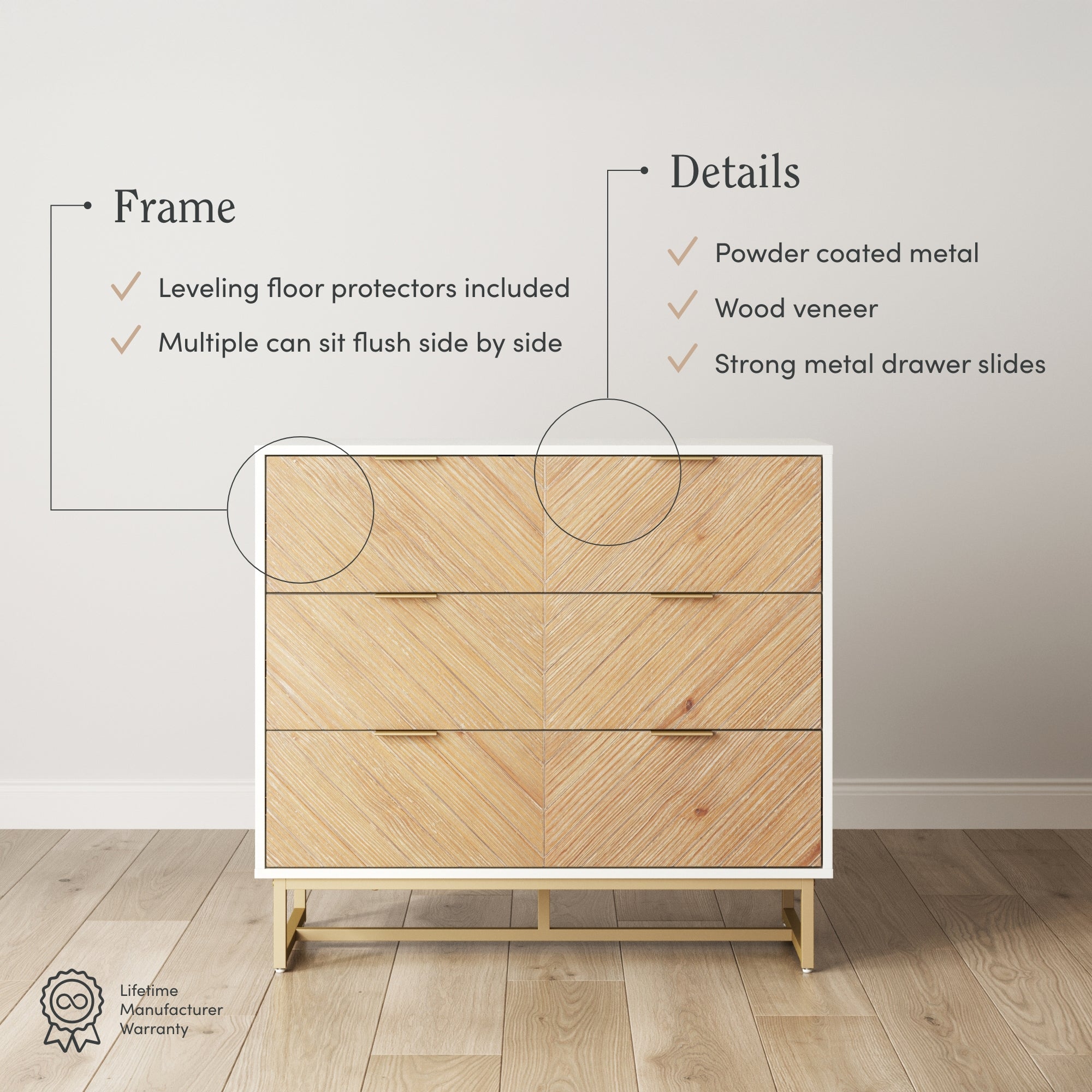 A modern wooden dresser with metal legs on a light wood floor. Text highlights features: leveling floor protectors, flush alignment, powder-coated metal, wood veneer, and strong metal drawer slides. Warranty icon is visible.