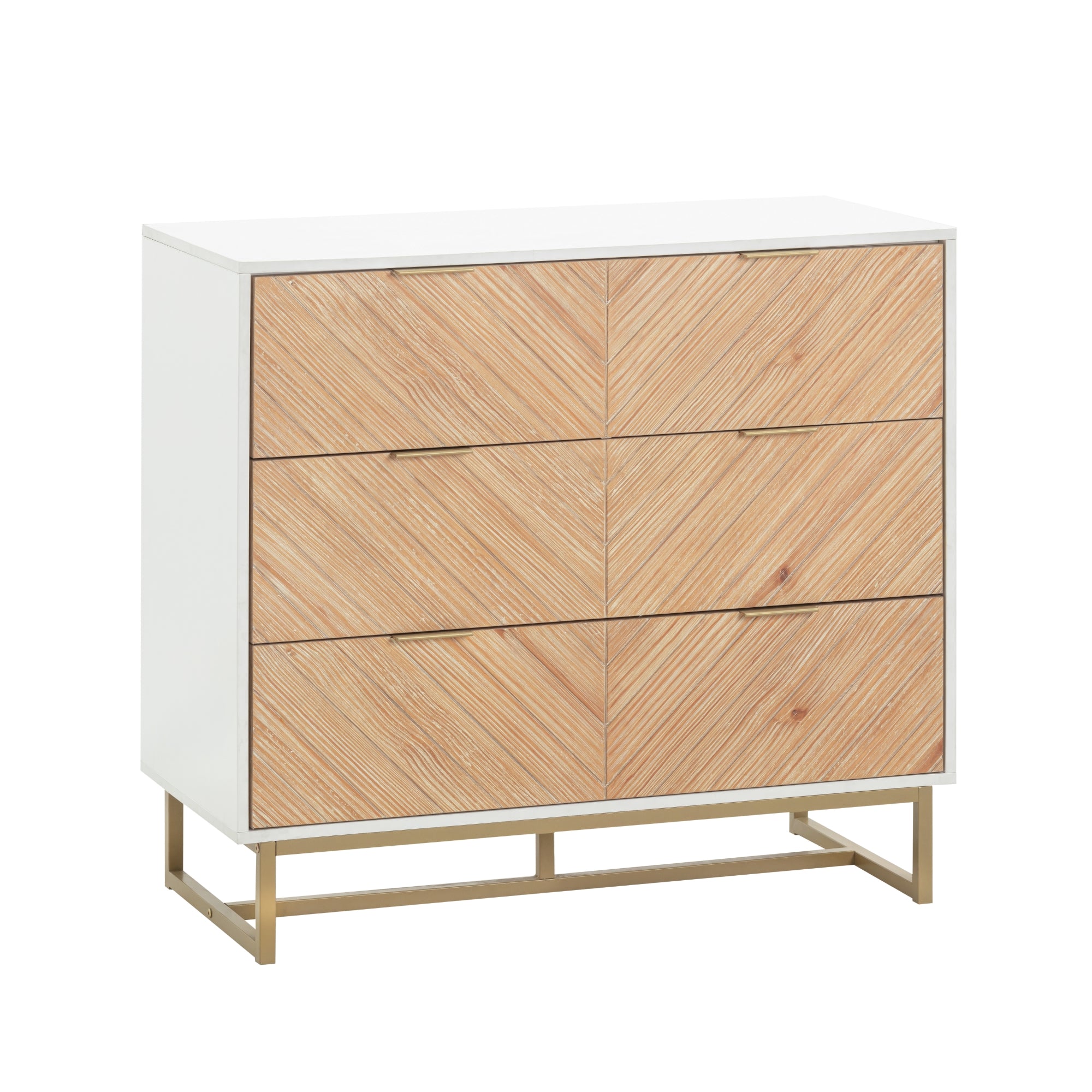 A modern dresser with a white frame, six drawers featuring a light wood chevron pattern, and a gold metal base.