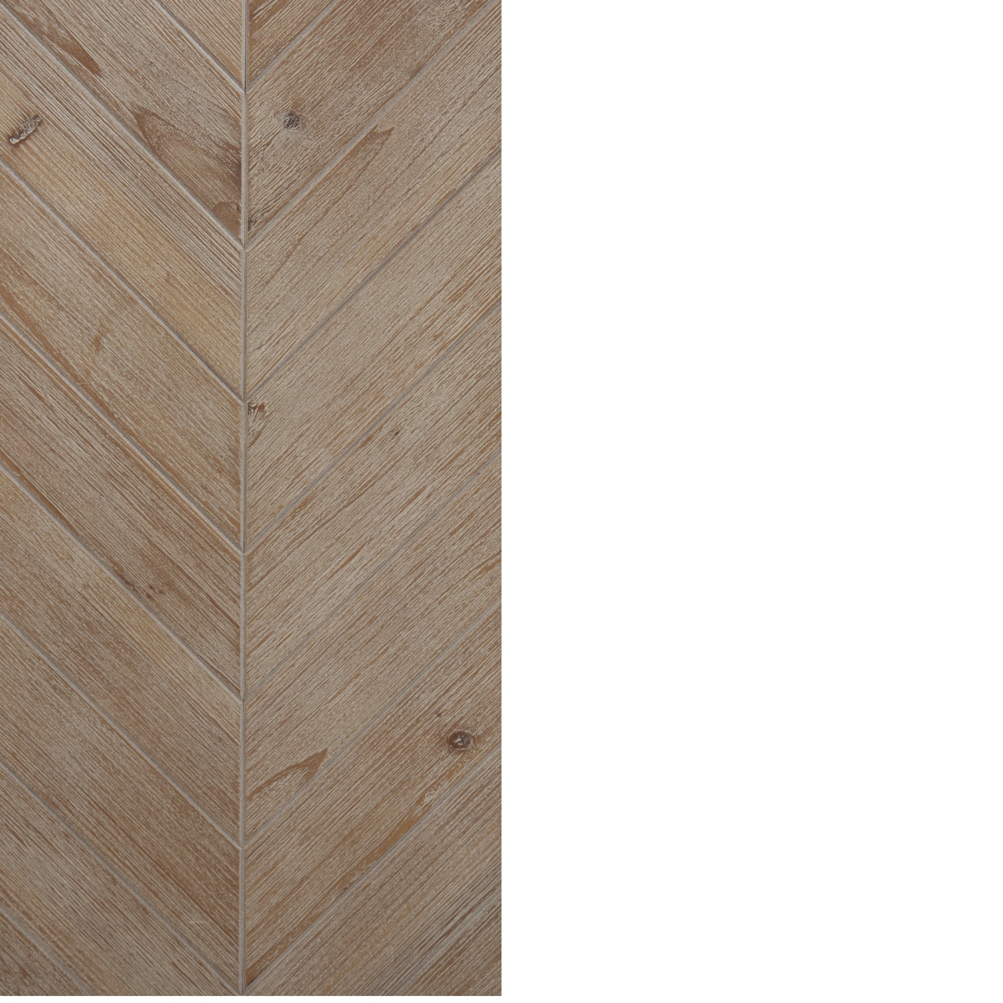 Wooden surface with a chevron pattern, featuring diagonal planks meeting at a central line. The wood has a light brown color with visible grain and knots. Right side of the image is blank and white.