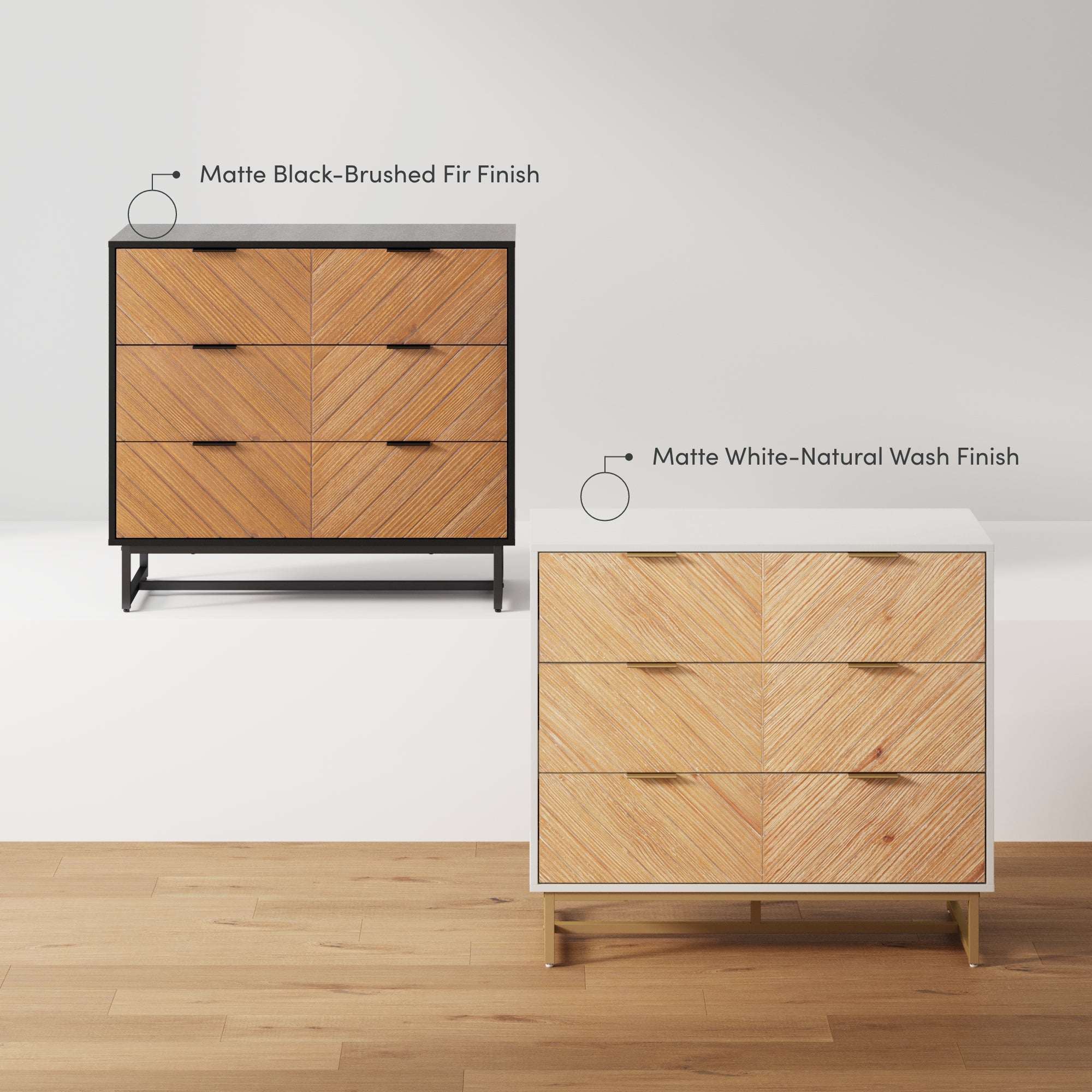Two wooden dressers with chevron-patterned drawers are side by side; one has a matte black-brushed fir finish, the other a matte white-natural wash finish. Both have three drawers and modern designs.
