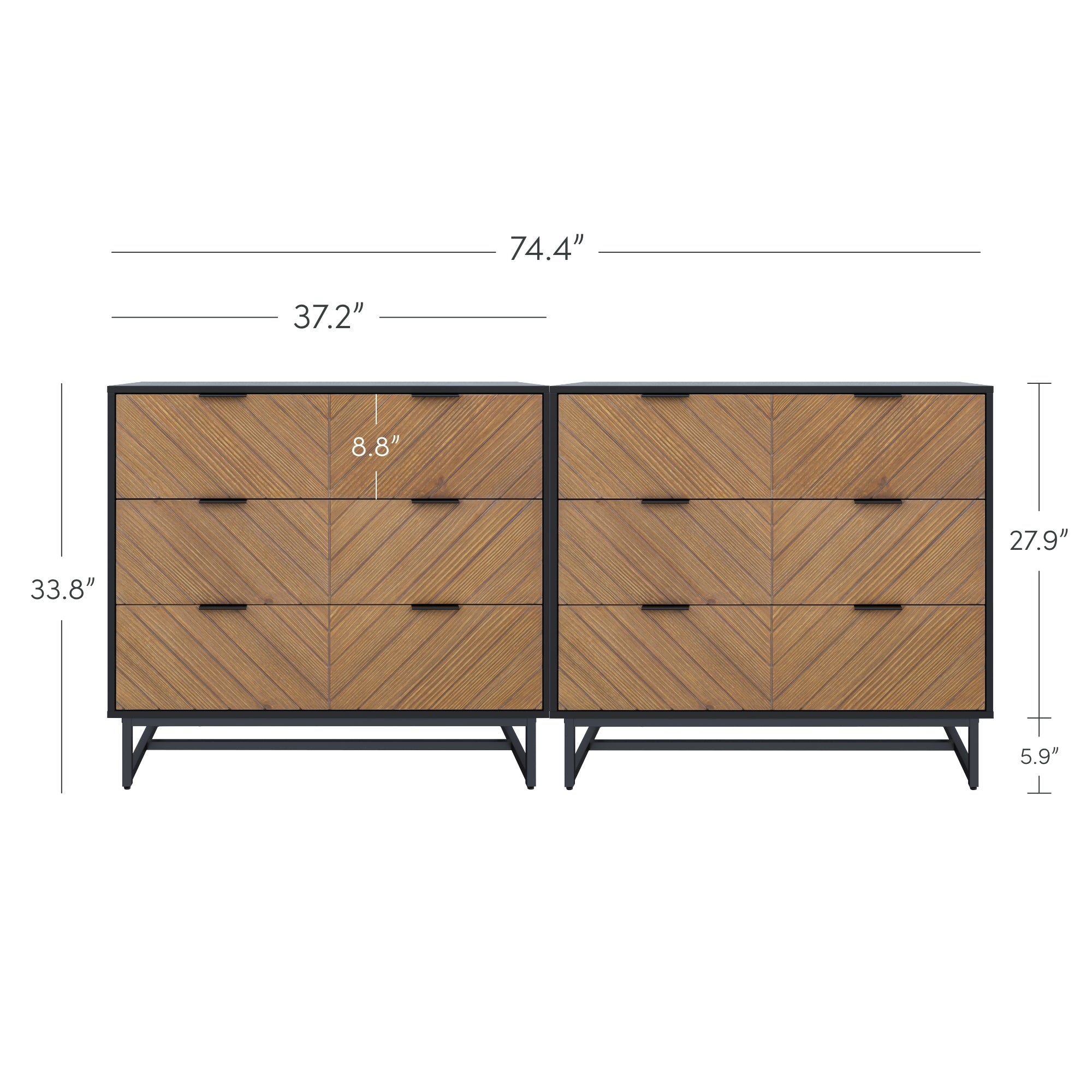 A modern double dresser with six drawers, wood finish in a chevron pattern, black metal legs, and dimensions labeled: 74.4 wide, 33.8 high, 27.9 deep, 8.8 drawer height, and 5.9 leg height.