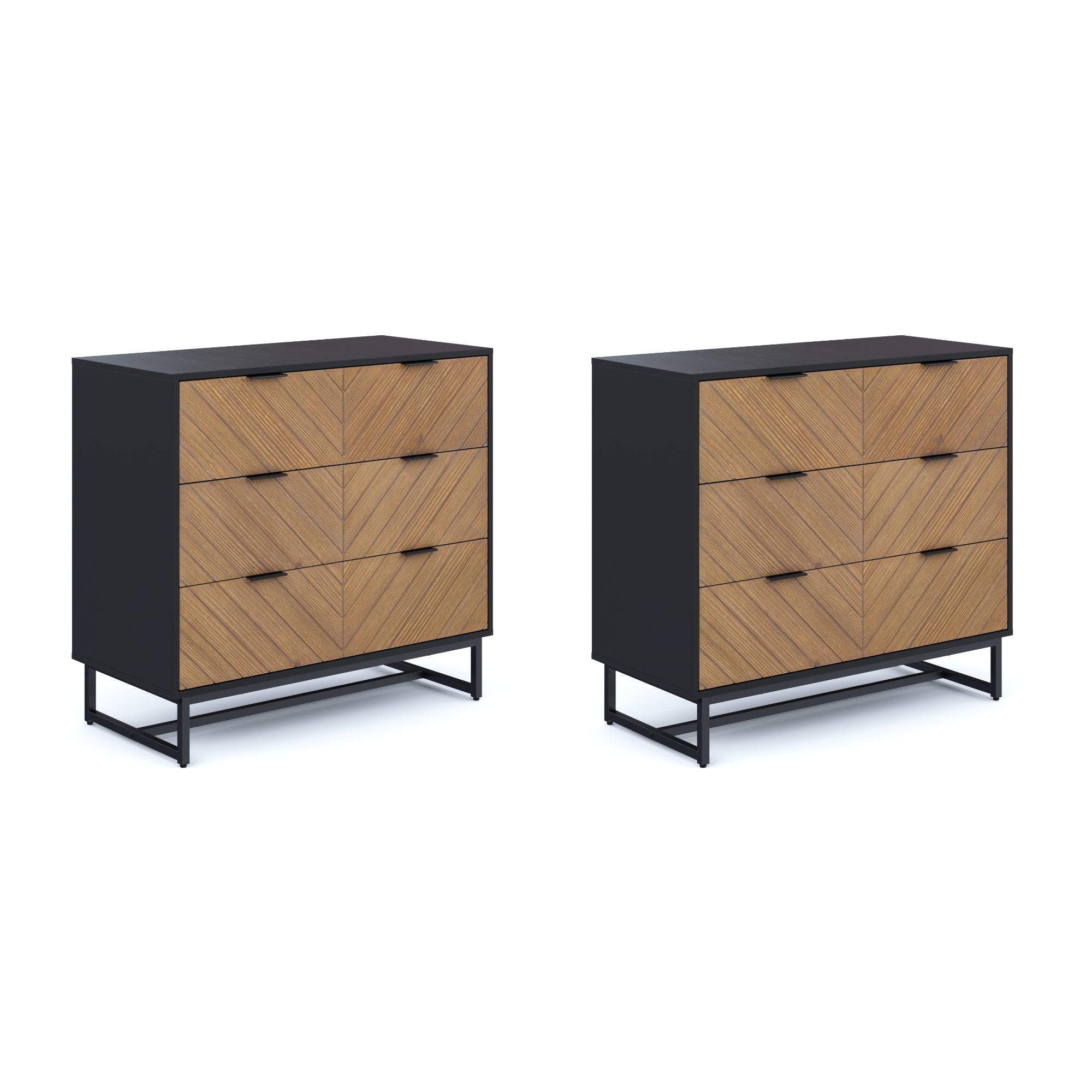 Two modern dressers with black frames and three drawers each featuring a light wood chevron pattern on the fronts, set against a white background.