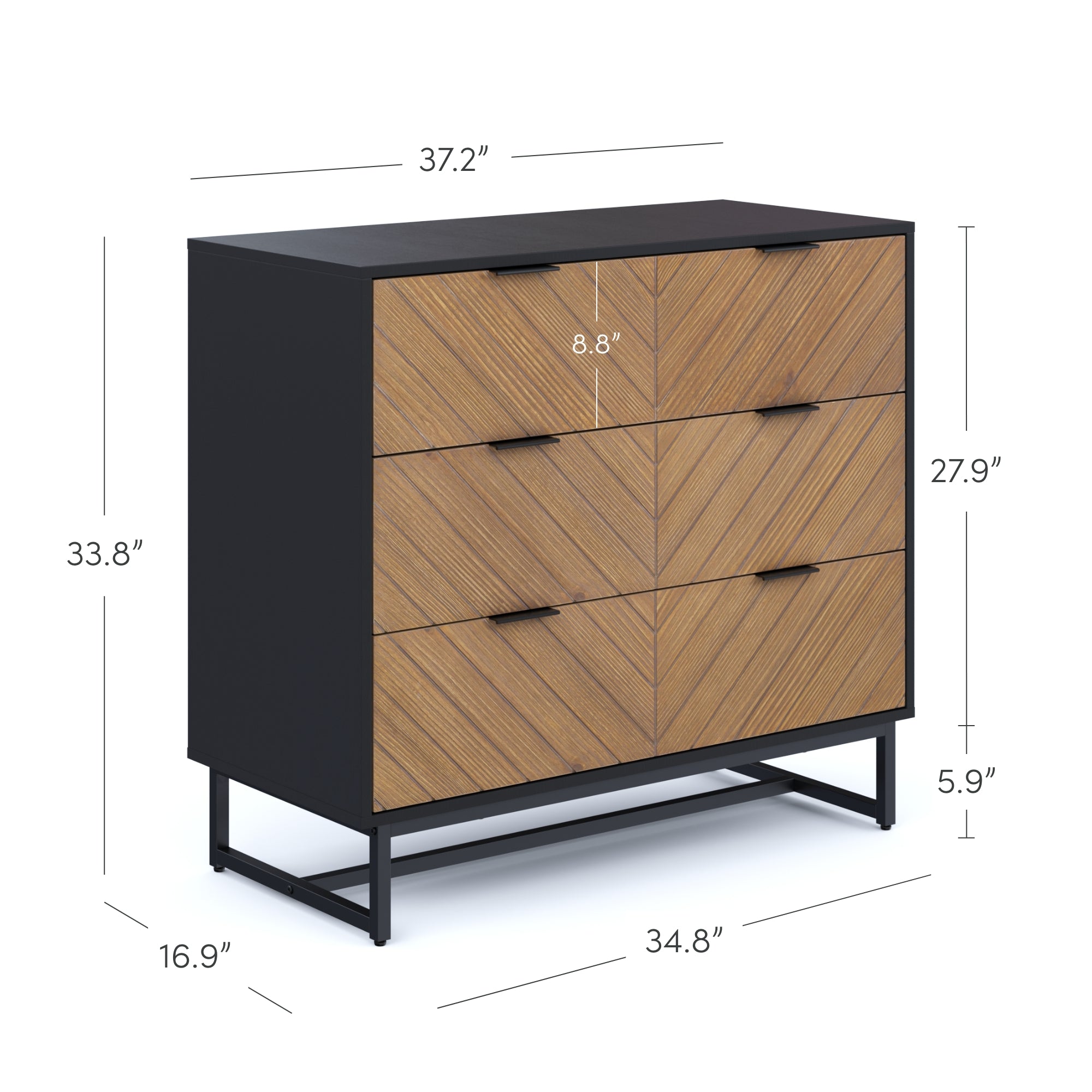A modern dresser with four wood-patterned drawers, black frame, and metal legs. Dimensions are labeled: 37.2 wide, 33.8 high, 16.9 deep, with a 5.9 leg height, and drawers measuring 8.8 high, 34.8 wide, and 27.9 tall.