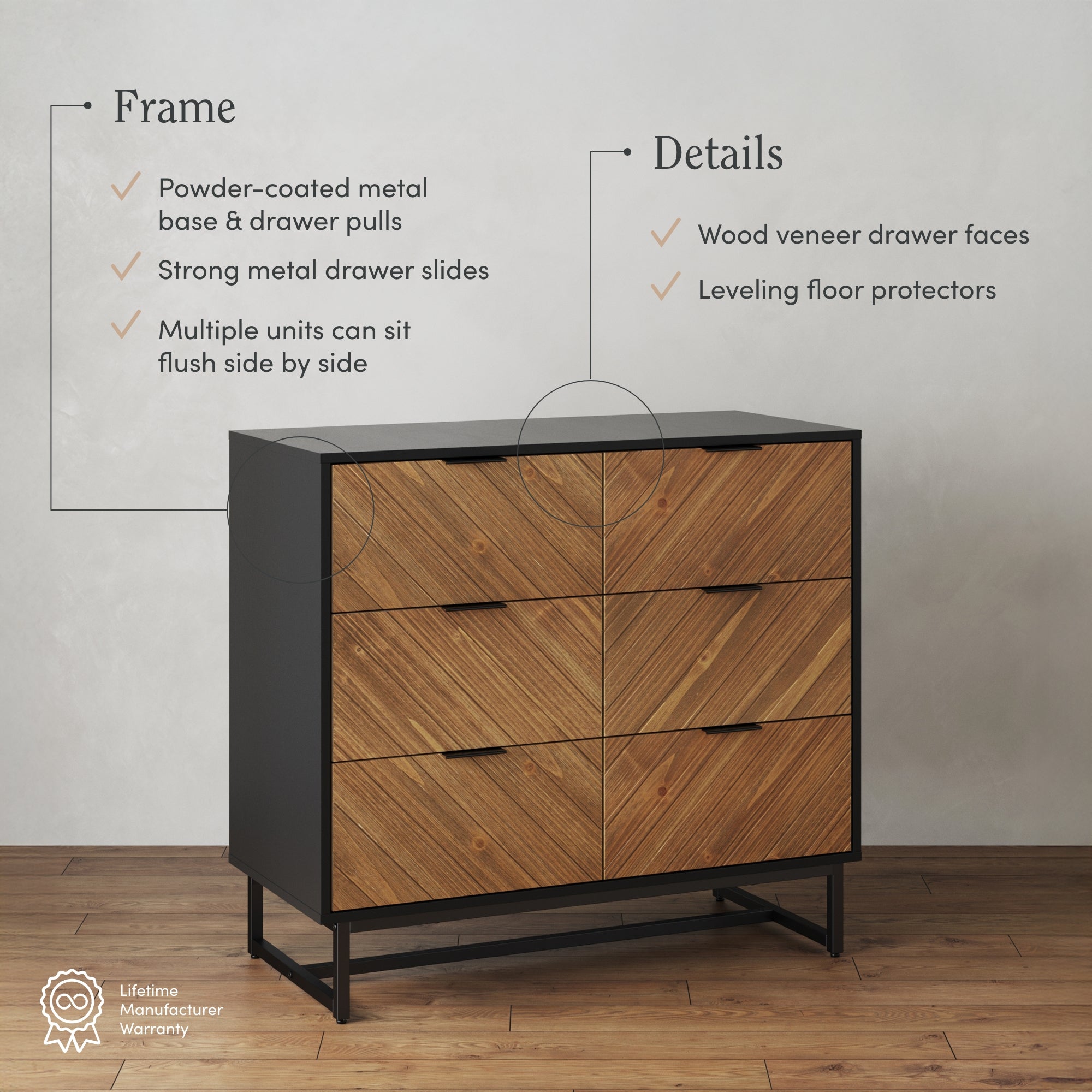 A modern dresser with a black metal frame and six wood veneer drawer faces is shown. Text highlights features: powder-coated metal frame, strong drawer slides, units can sit side by side, wood veneer drawers, and leveling protectors.