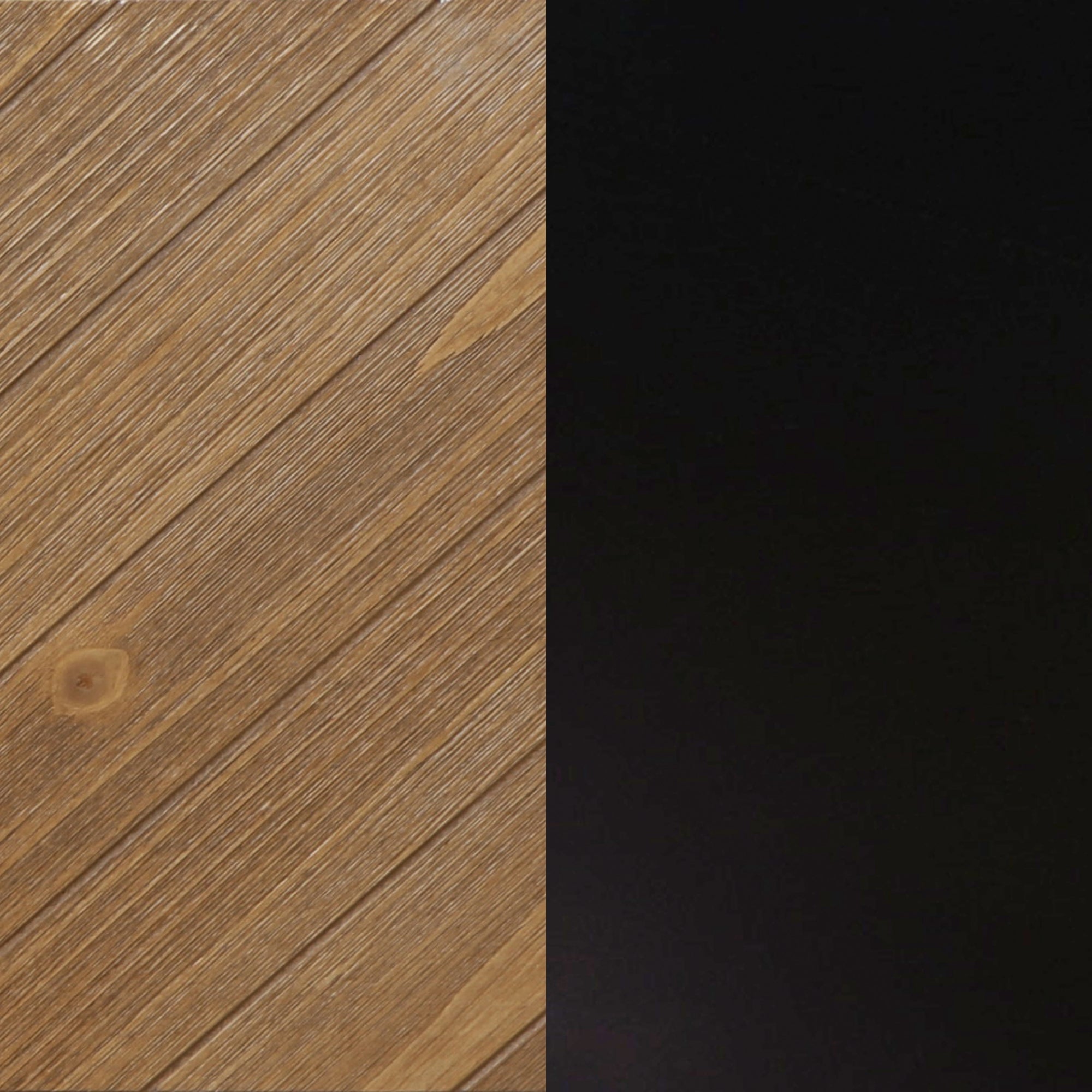 The image is split vertically: the left side shows a textured, diagonally-striped wooden surface, while the right side is a smooth, solid black.