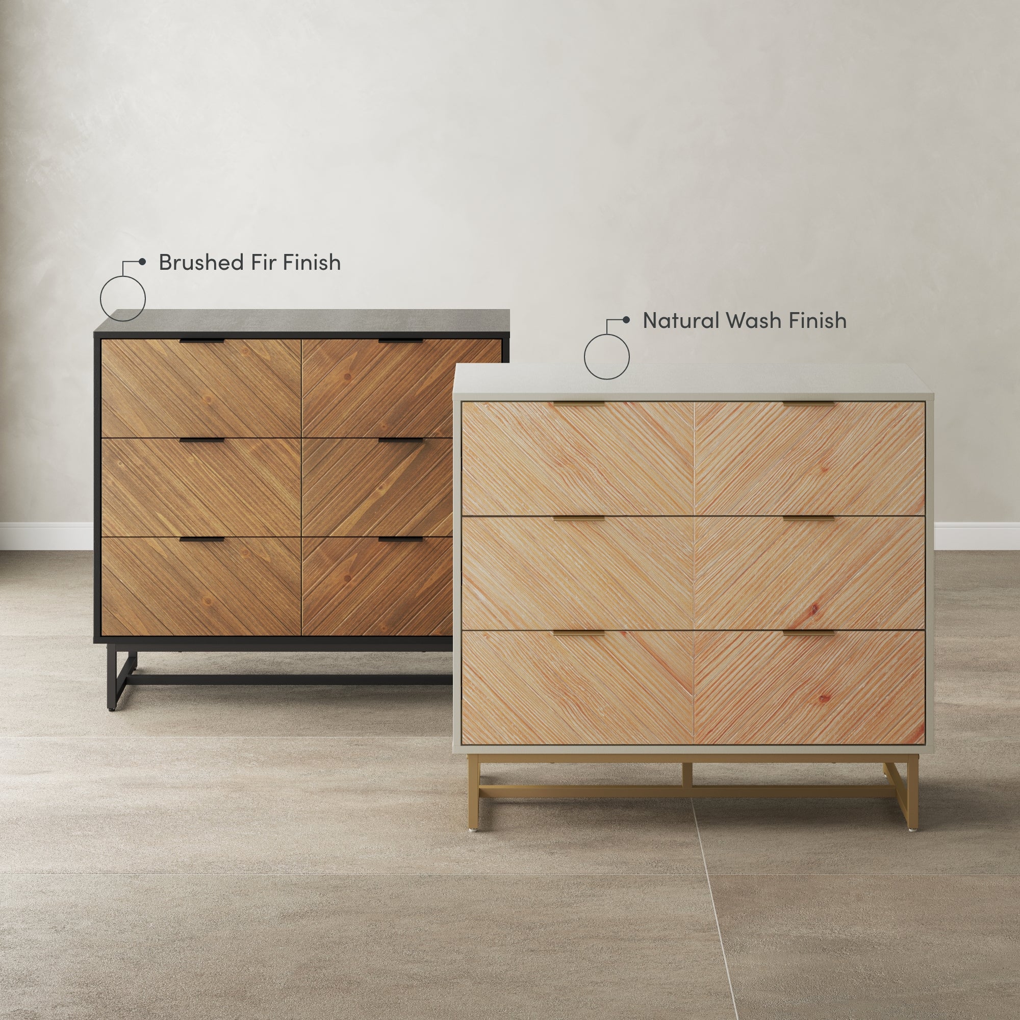 Two modern dressers with chevron-patterned drawers, one with a brushed fir finish and black frame, the other with a natural wash finish and light frame, are displayed side by side against a light-colored wall.