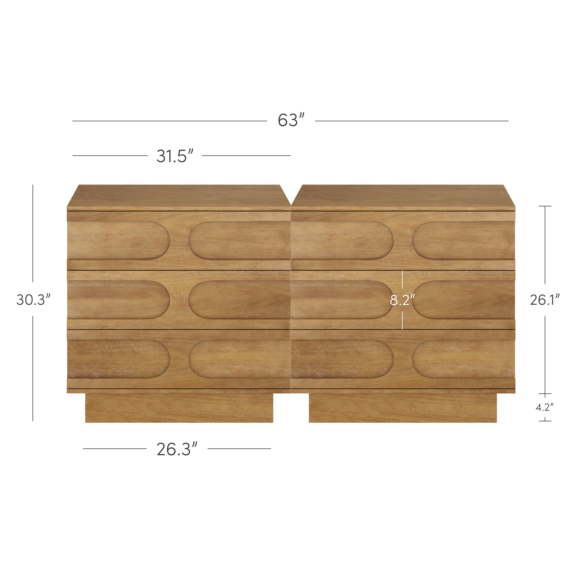 Front view of a wooden double dresser with geometric drawer patterns; labeled measurements include width 63, height 30.3, depth 26.3, and various drawer dimensions.