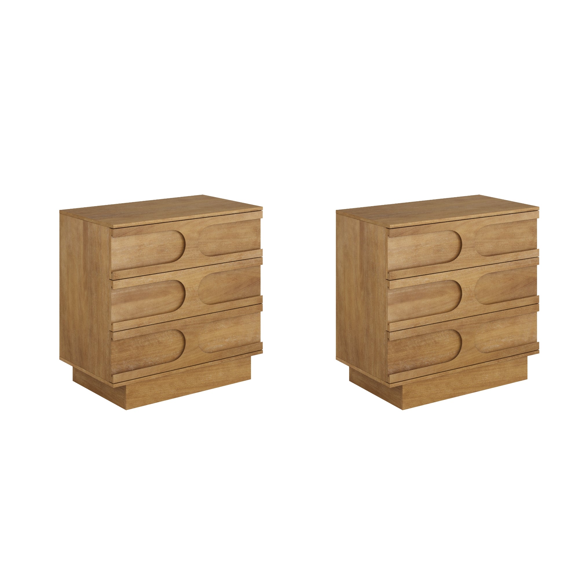 A pair of wooden nightstands with three drawers each, featuring a unique curved groove design on the drawer fronts and a rectangular base.