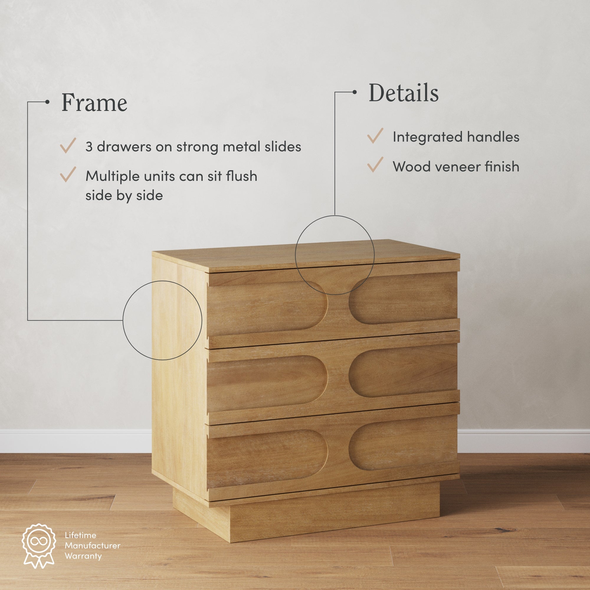 A modern wooden dresser with three drawers and integrated handles sits on a wood floor against a light wall. Text highlights its strong metal slides, wood veneer finish, and ability to sit flush beside other units.