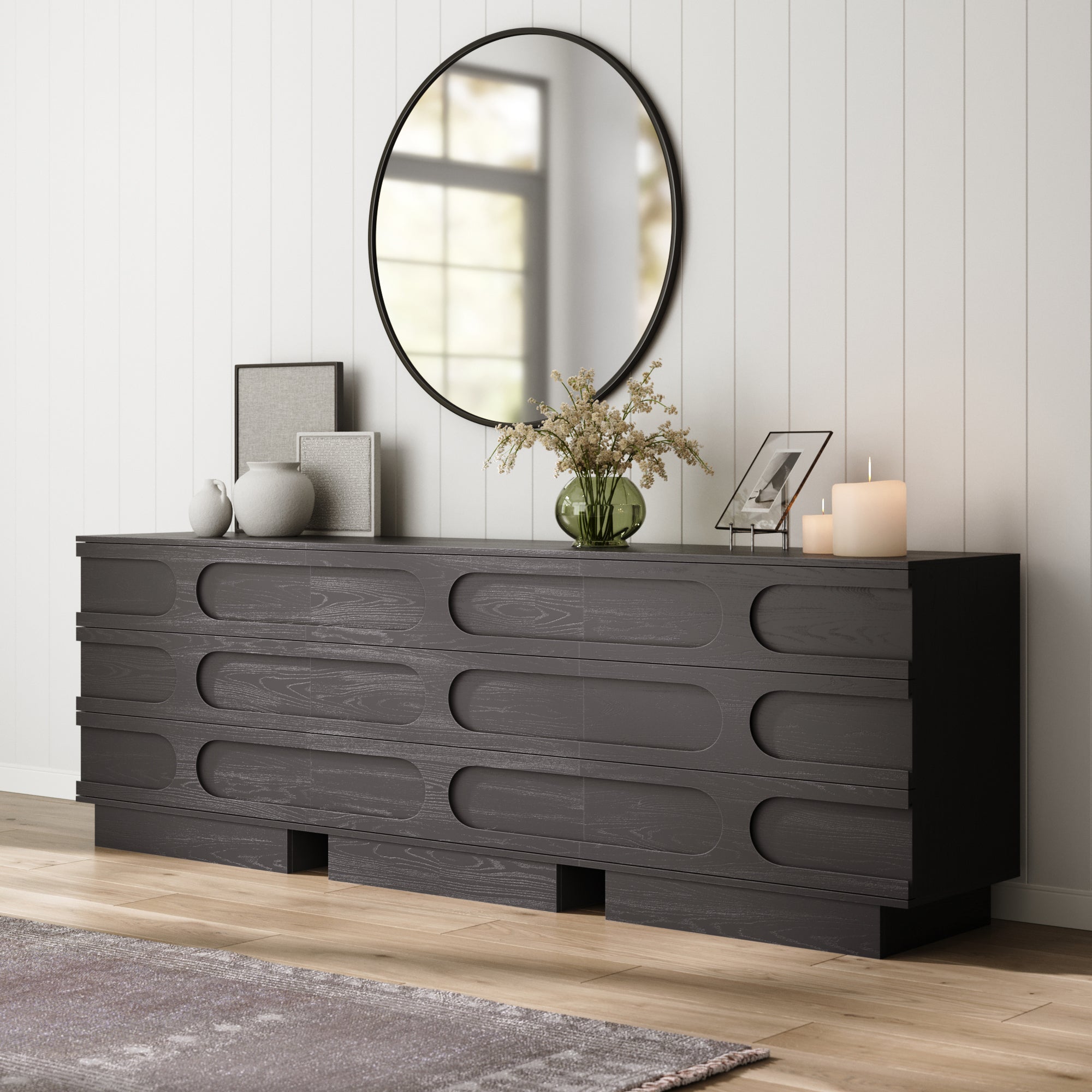 Mid-Century 3-Drawer Arched Dresser Black Oak (Set of 3) Mid-Century 3-Drawer Arched Dresser Black Oak (Set of 3)