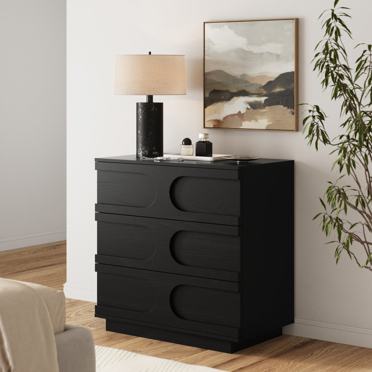 Mid-Century Modern Modular Arched 3-Drawer Dresser Black