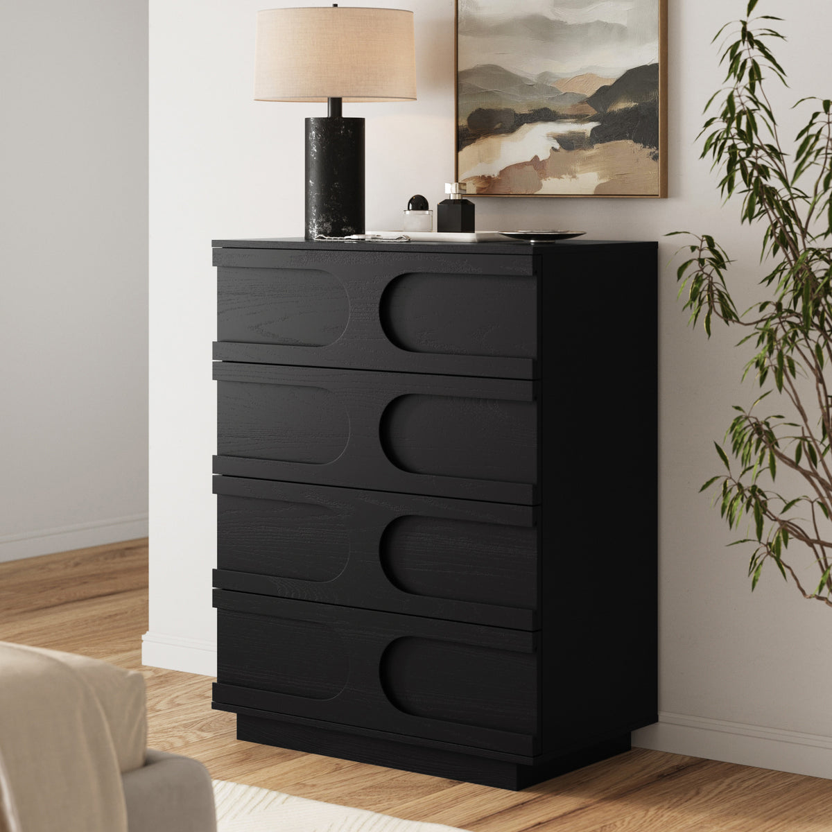 Mid-Century Modern Modular Arched 4-Drawer Dresser Black