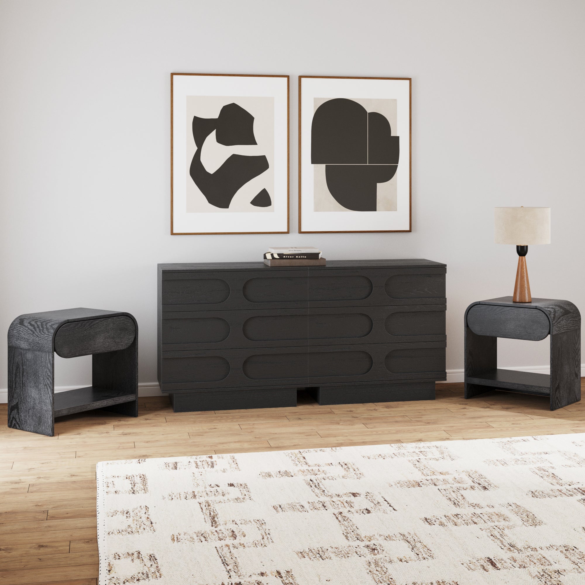 Mid-Century Two Arched Dressers and Nighstands Set Black Oak