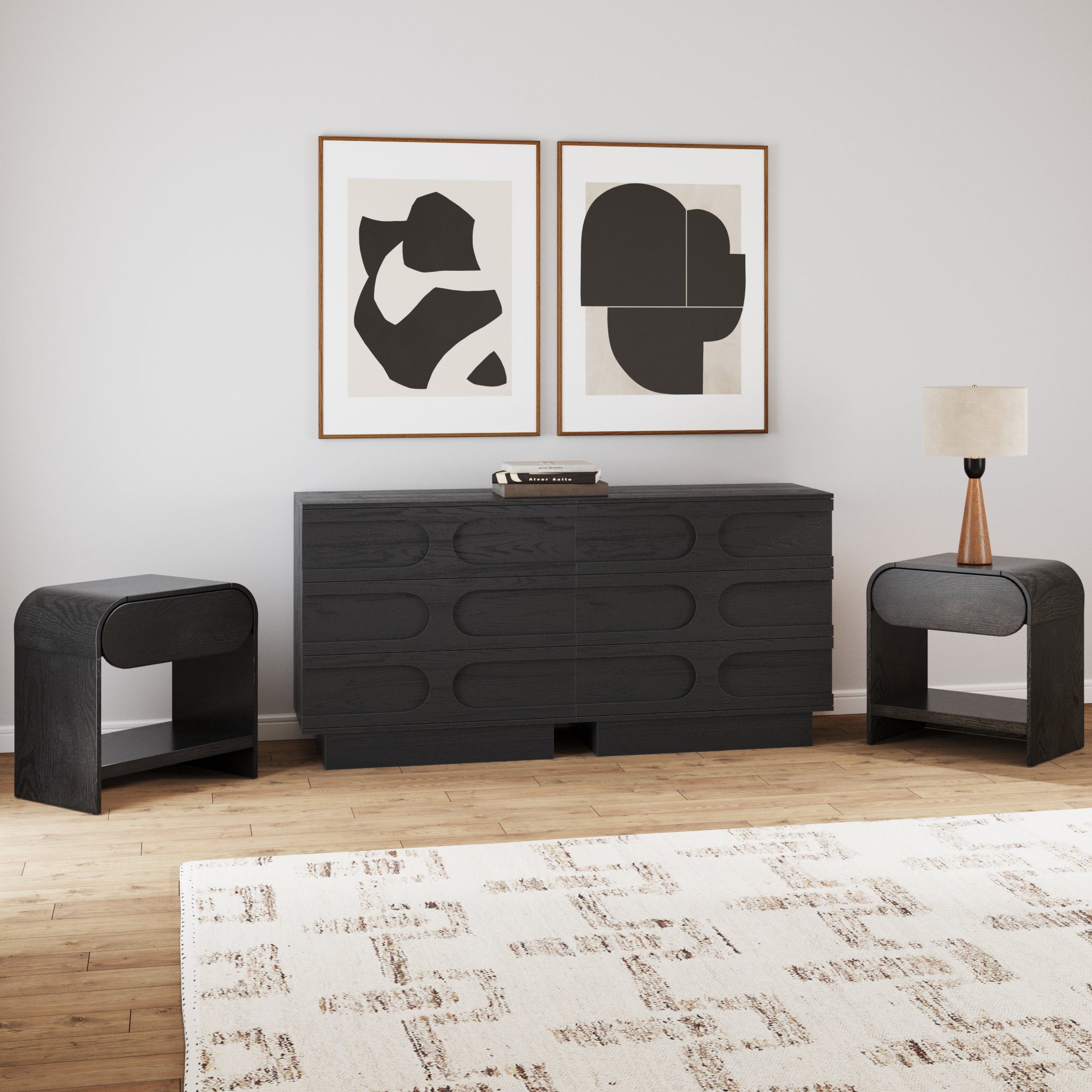 Mid-Century Two Arched Dressers and Nightstands Set Black Oak
