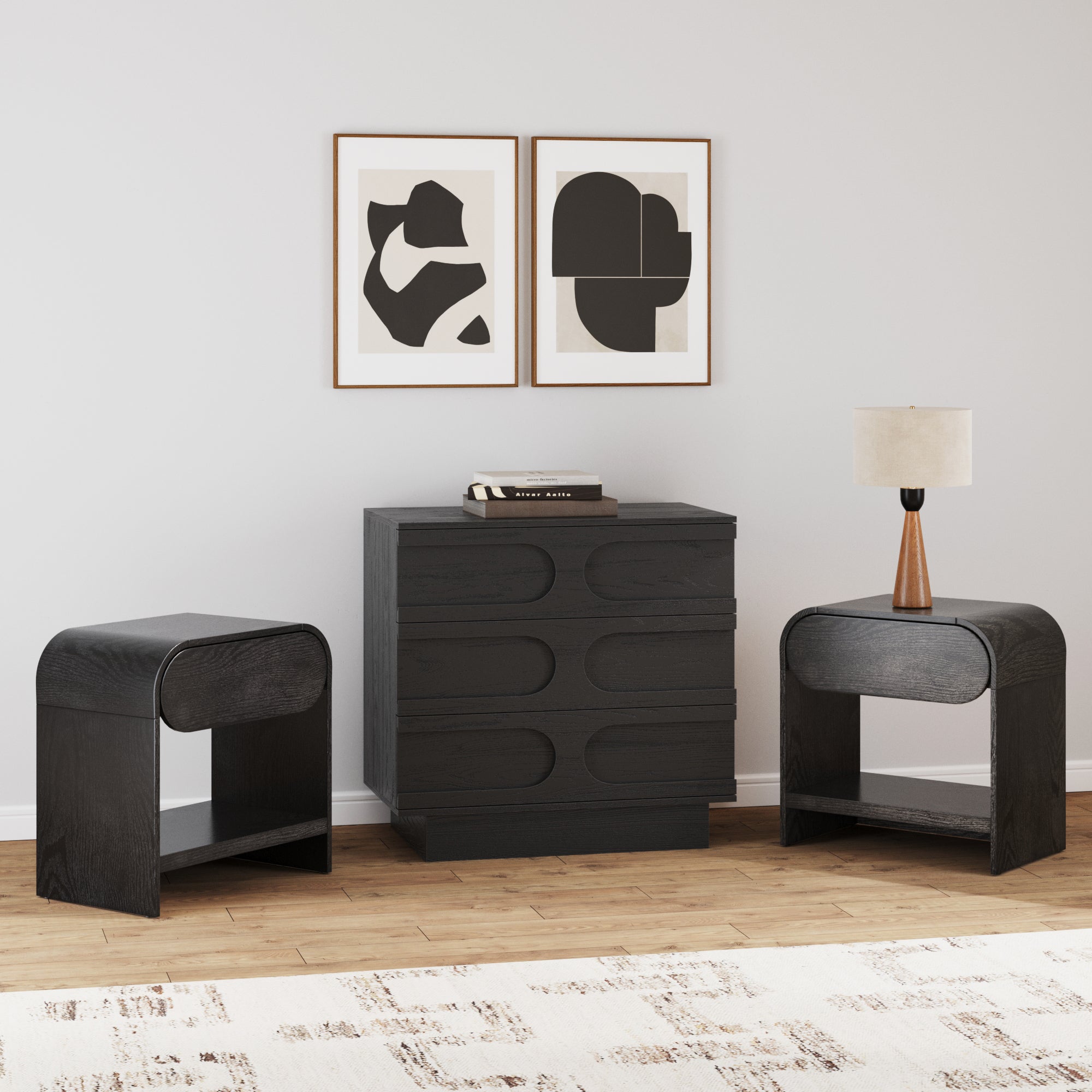 Mid-Century Arched Dresser and Two Nightstands Set Black Oak