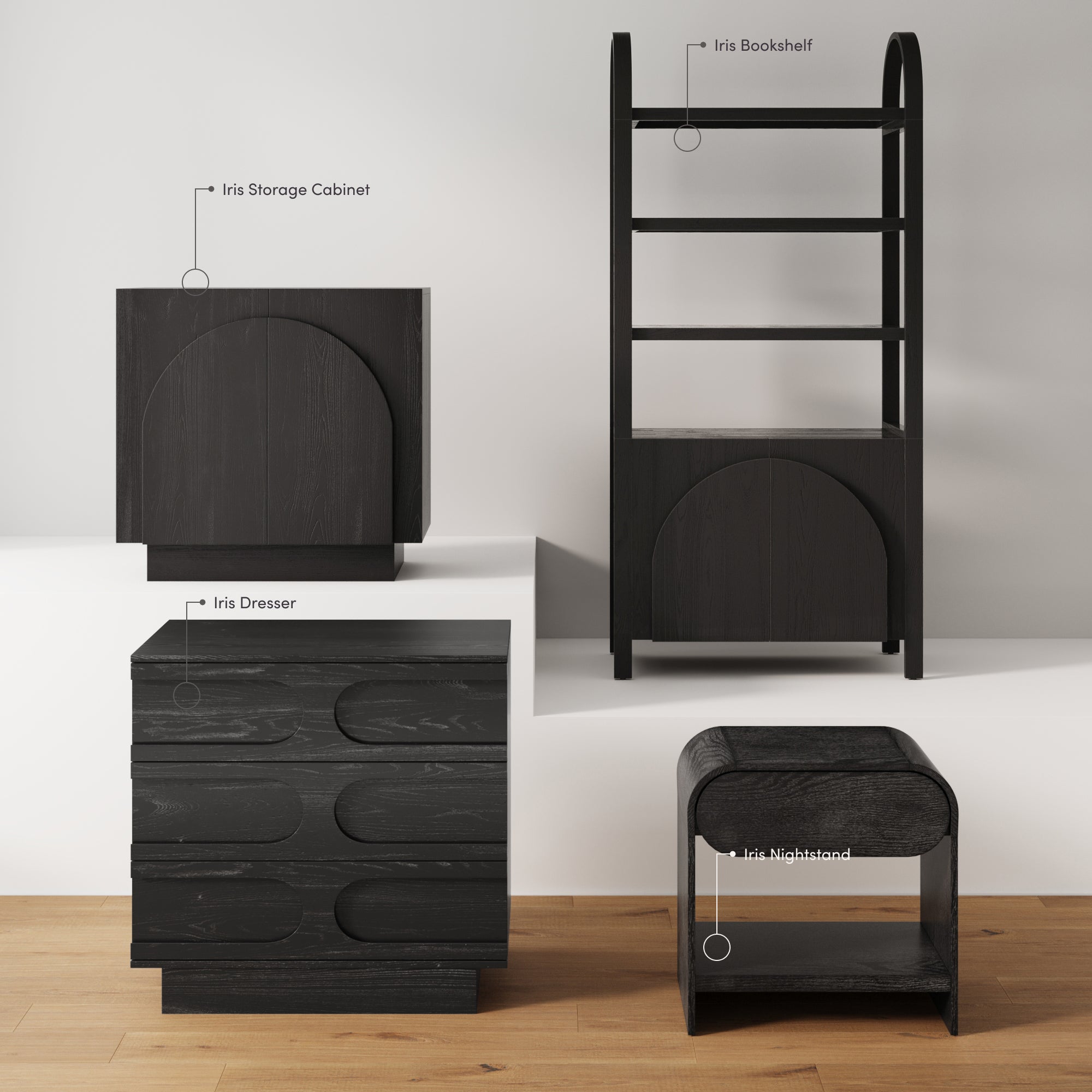 Four modern, black wooden furniture pieces are displayed against a white wall: a tall bookshelf, a storage cabinet, a dresser with textured drawer fronts, and a curved nightstand, all labeled with their names.