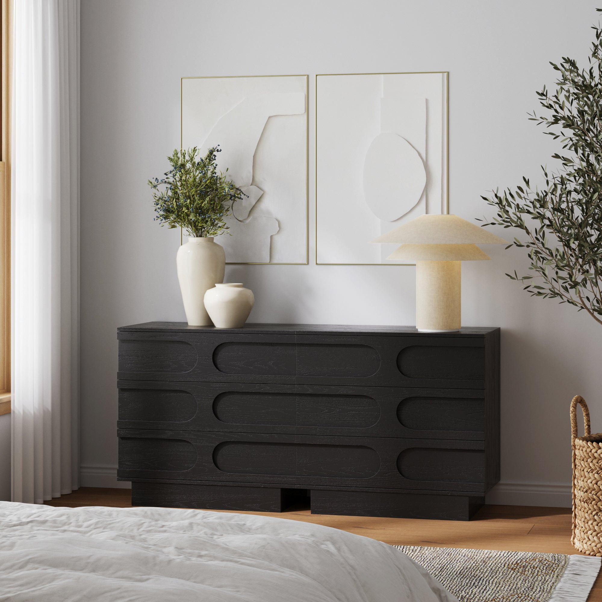 Mid-Century 3-Drawer Arched Dresser Black Oak