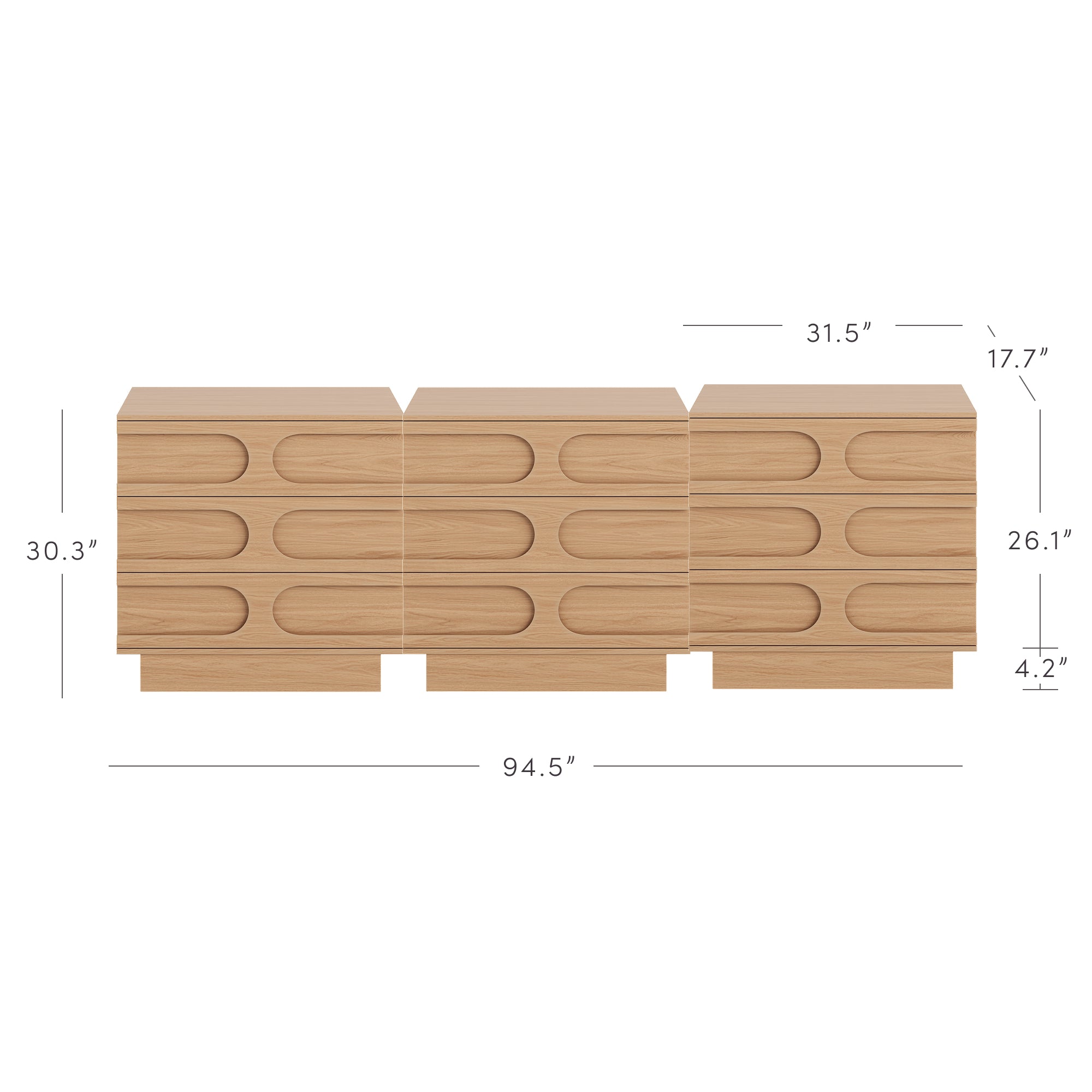 A modern wooden sideboard with geometric drawer patterns, measuring 94.5 wide, 30.3 tall, and 17.7 deep. Drawer fronts have oval-shaped designs, and dimensions of each section are clearly labeled.