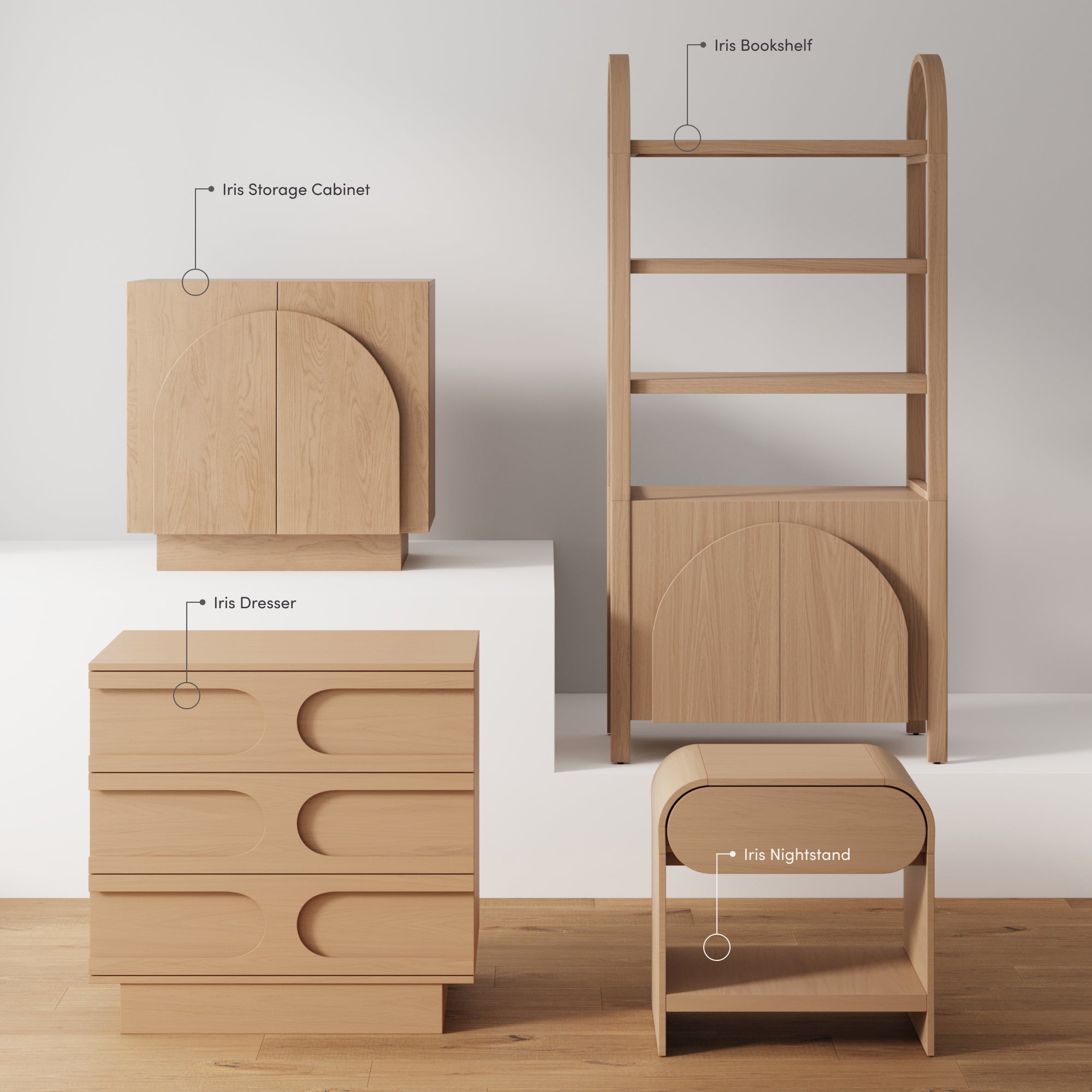 Four light wood furniture pieces are displayed: a storage cabinet, a dresser with three drawers, a tall bookshelf, and a small nightstand, all featuring curved, modern designs against a white wall and wood floor.