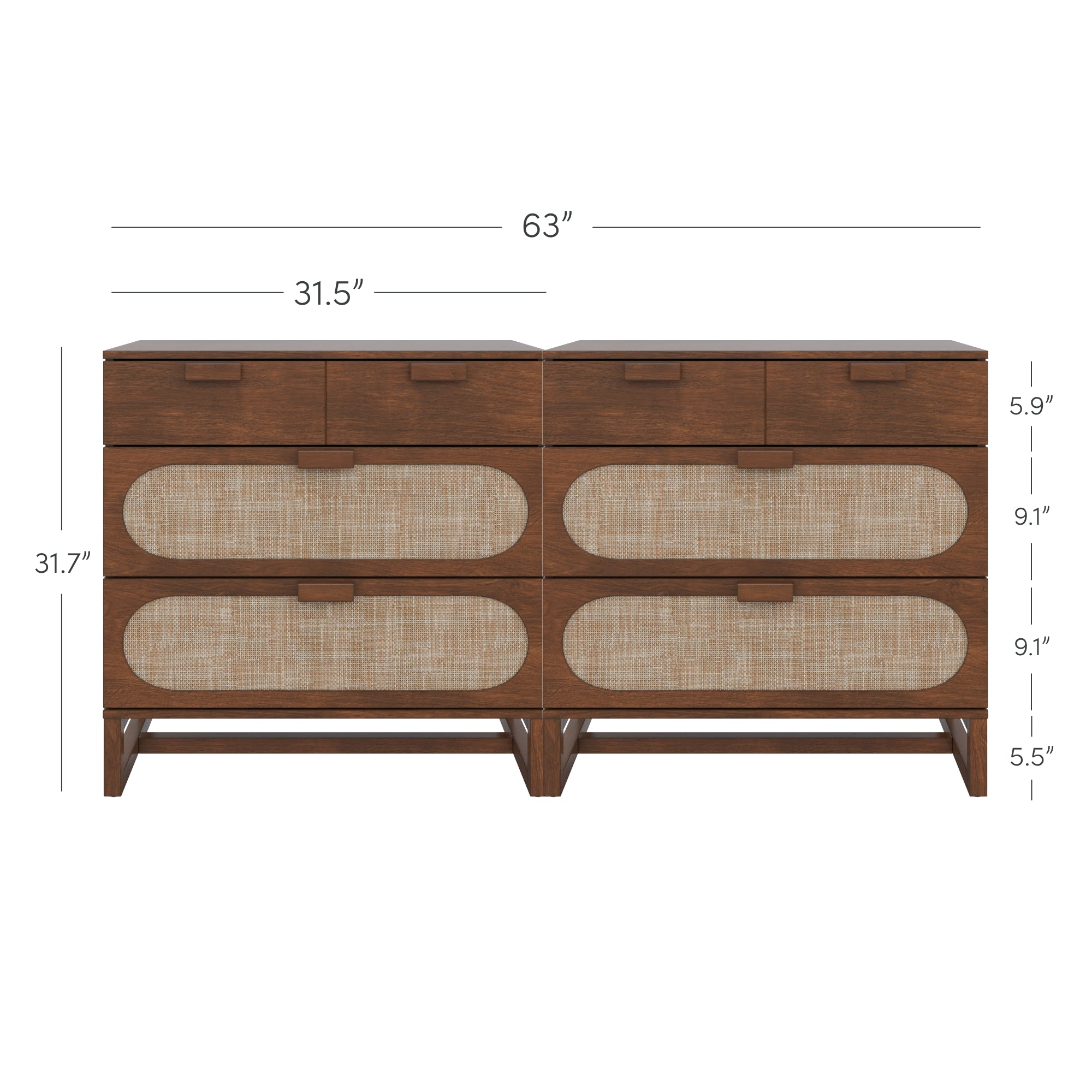A double dresser with a mid-century modern design, featuring eight drawers with cane-front panels. Dimensions are 63 wide, 31.7 high, and 19 deep, with each section measuring 31.5 wide.