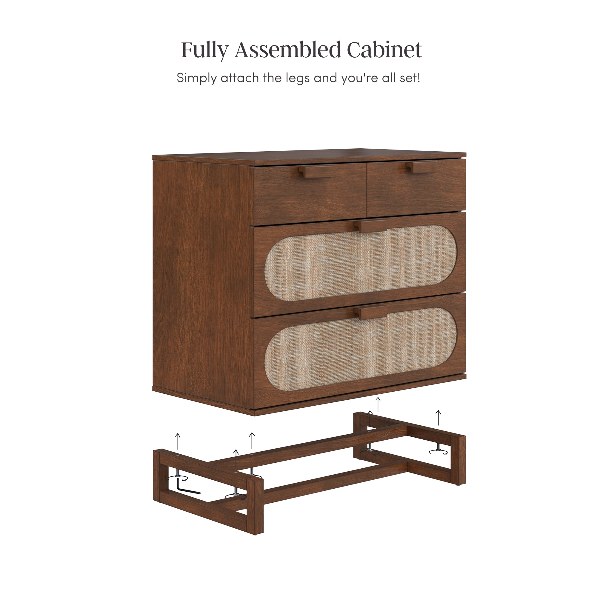 A wooden cabinet with two small drawers and two larger drawers is shown above a matching detached leg frame, with arrows indicating the frame should be attached to complete assembly. Text above reads Fully Assembled Cabinet.
