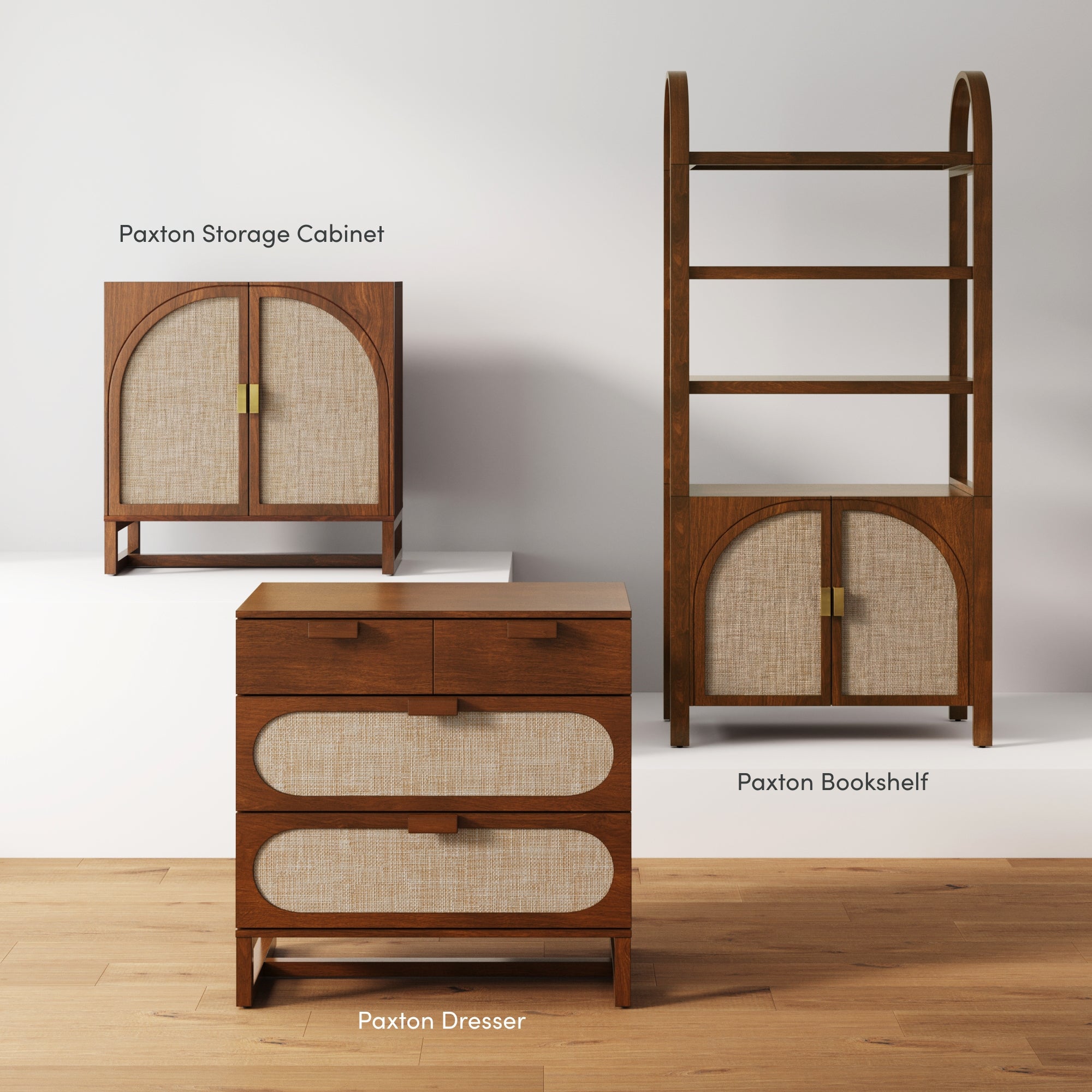 Three wooden furniture pieces—a storage cabinet, bookshelf, and dresser—feature woven textured doors and drawers, displayed in a modern setting with labels identifying each item as Paxton Storage Cabinet, Paxton Bookshelf, and Paxton Dresser.