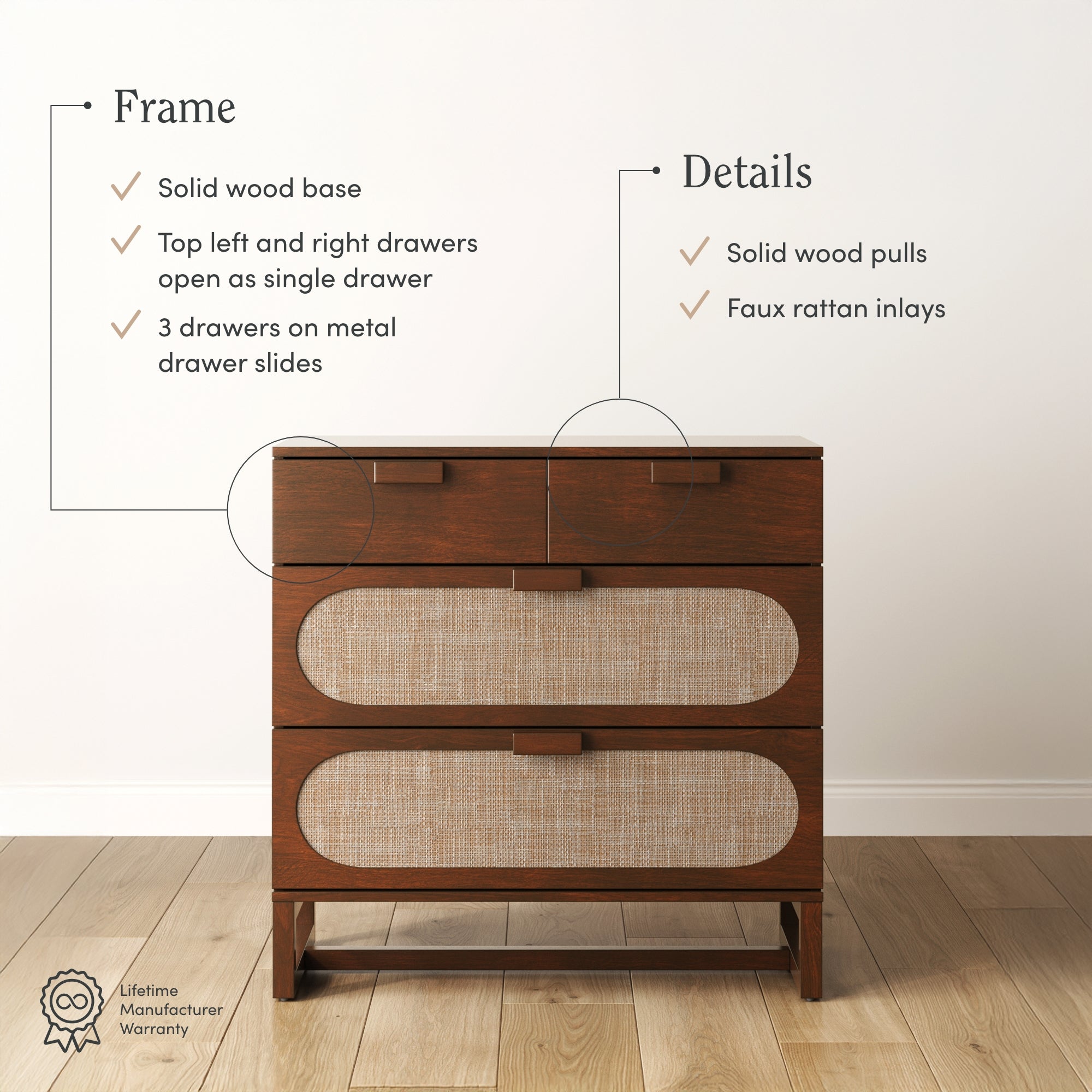 A mid-century modern dresser with two plain wood top drawers and two larger drawers with faux rattan inlays, shown against a white wall. Text highlights features like solid wood frame, pulls, and a lifetime warranty.