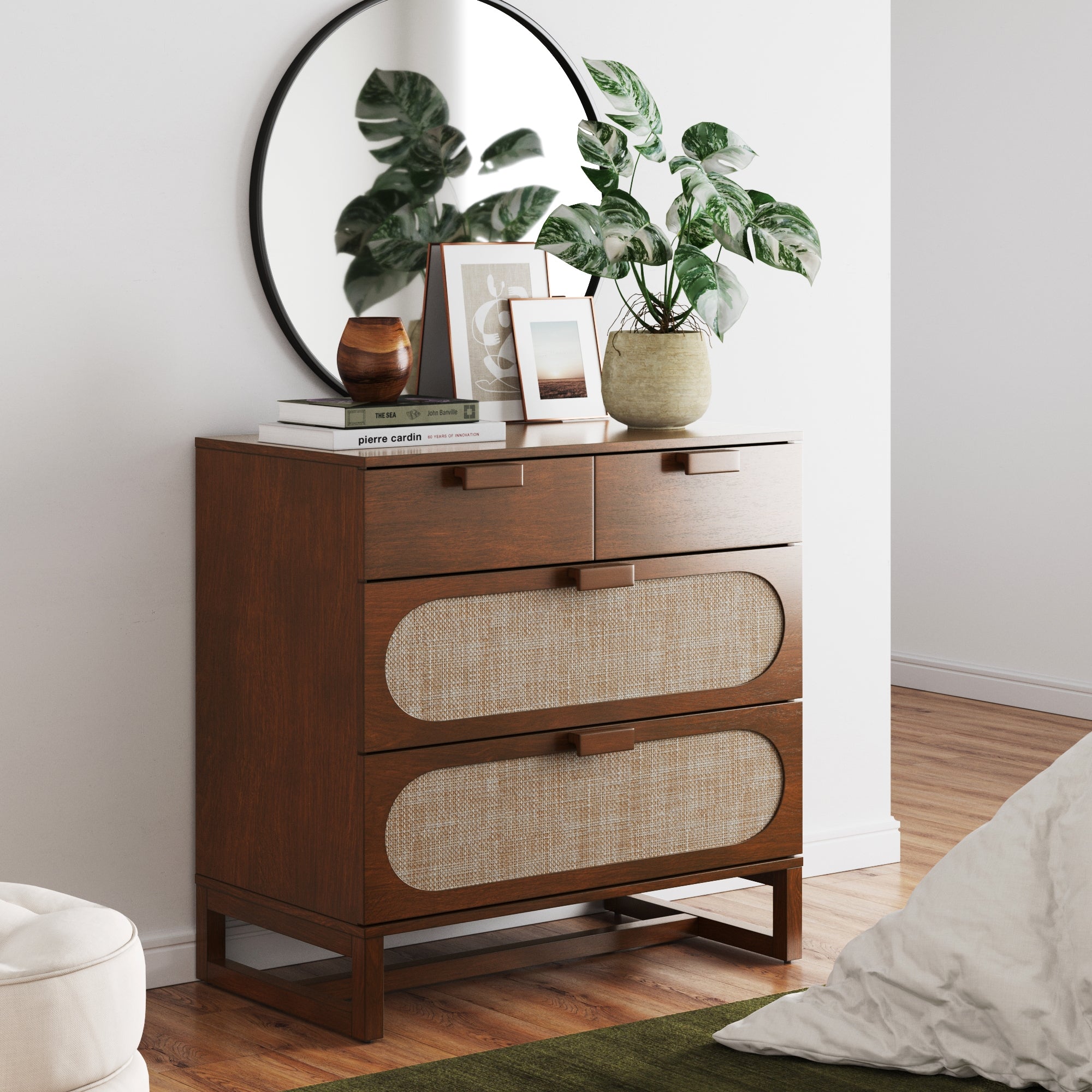 Paxton Mid-Century Modern 3-Drawer Dresser with Solid Wood Frame and Rattan Accent - Single - 3-Drawer Paxton Mid-Century Modern 3-Drawer Dresser with Solid Wood Frame and Rattan Accent - Single - 3-Drawer