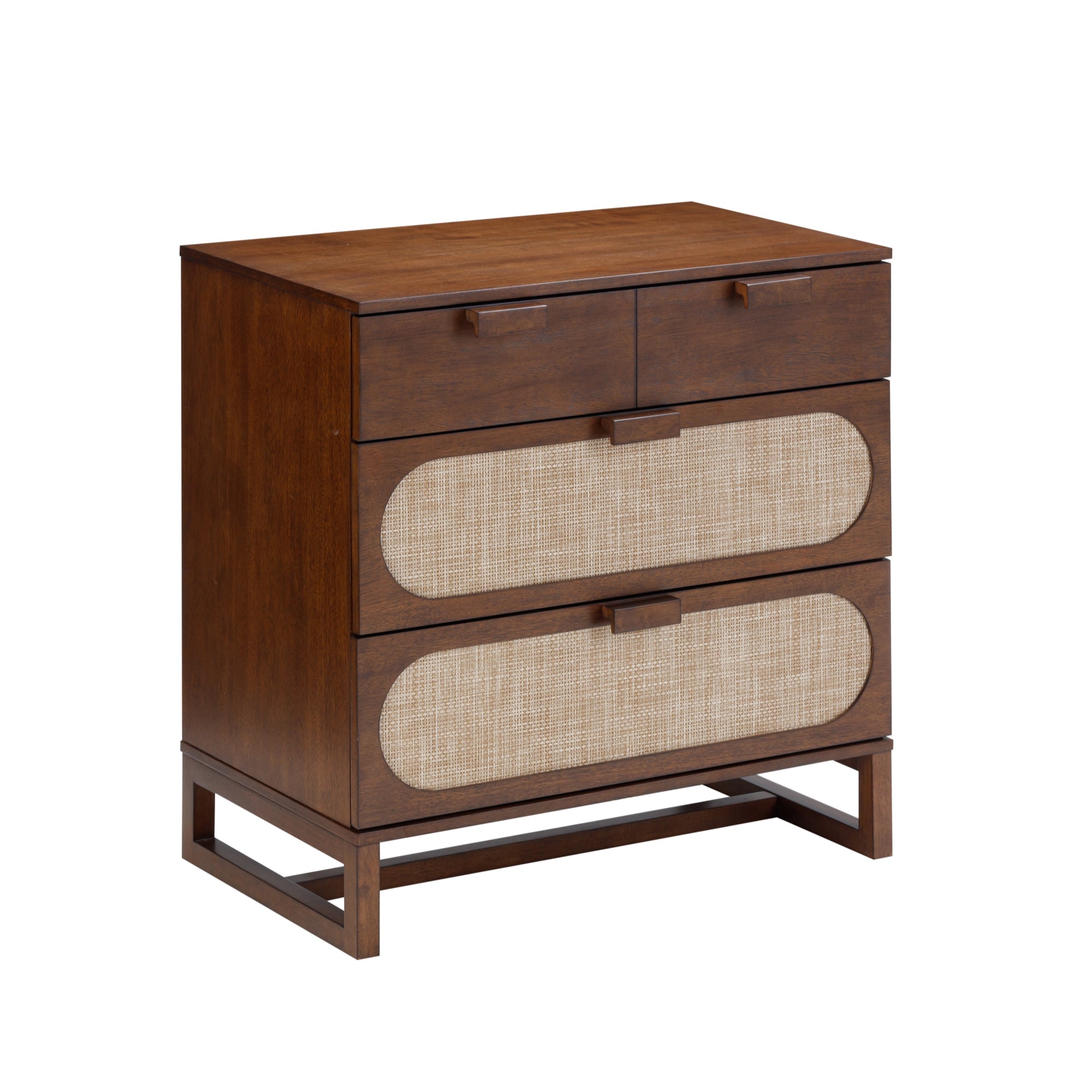 A wooden dresser with two small top drawers and two larger lower drawers featuring woven rattan fronts, set on a rectangular frame with open space beneath.