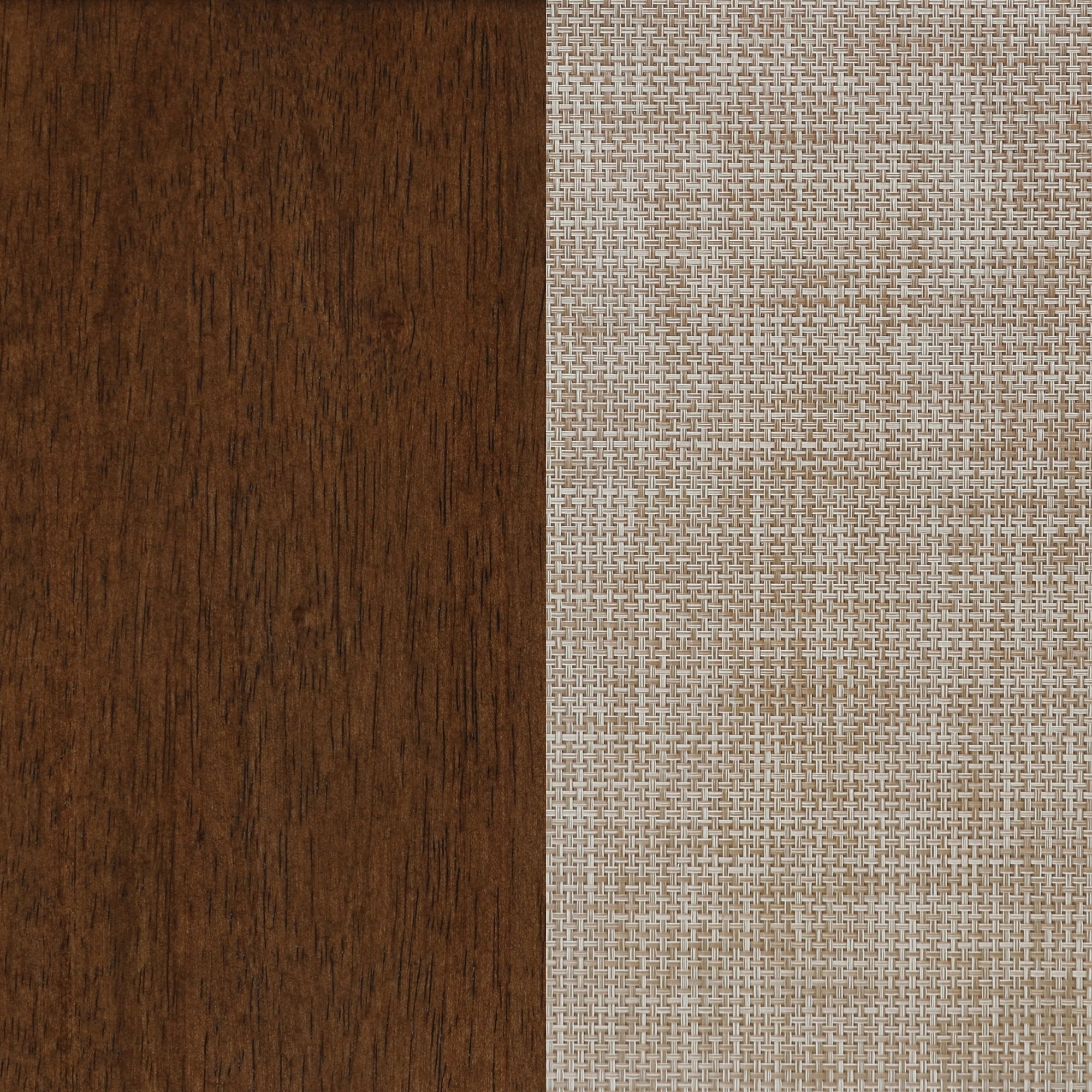 A split surface showing two textures: the left half is dark brown wood with a natural grain, and the right half is a light-colored woven fabric with a grid-like pattern.