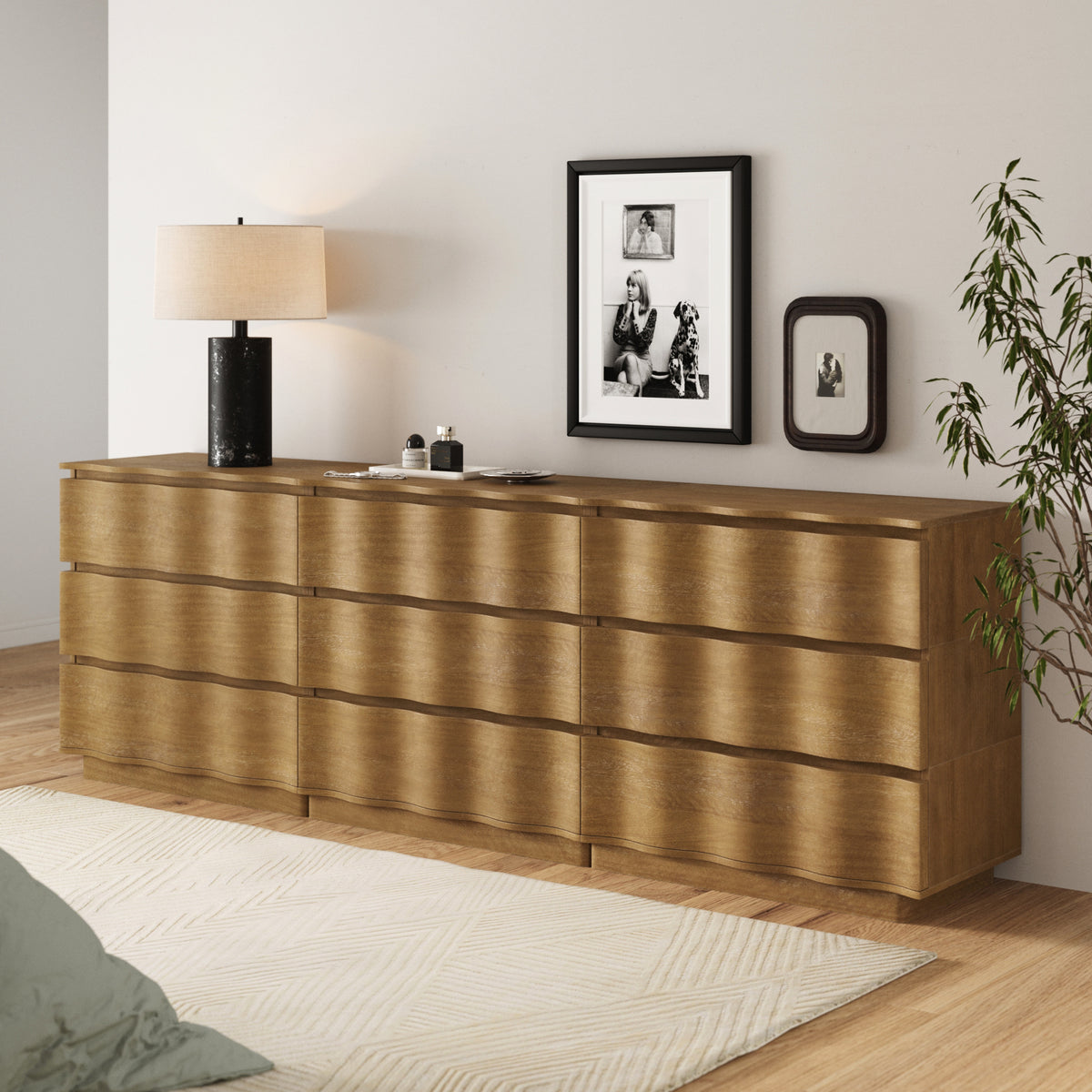 Modern Wood Stackable 9-Drawer Wavy Dresser Light Brown